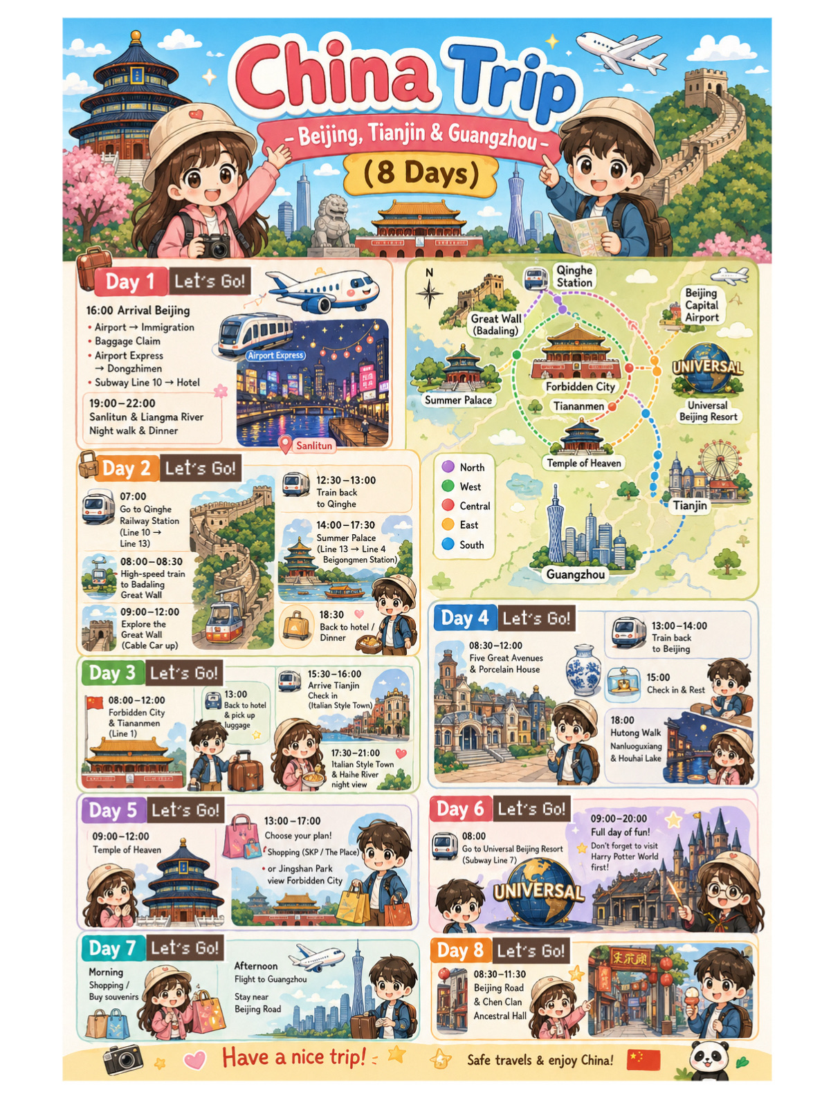 🇨🇳✨ An 8-Day Beijing-Tianjin-Guangzhou Itinerary: Everything You Need in One Trip!
If you're planning a trip to China, this itinerary truly "has it all"—iconic landmarks, nature, culture, shopping, and theme parks! 🎢✨
📍Day 1: Arrive in Beijing in the evening. Take the Airport Express to the city, switch to the subway to your hotel, and then head out to explore the Sanlitun area. End the night enjoying the stunning views along the Liangma River.
📍Day 2: The highlight of the trip! Take the train to the Great Wall (Badaling). The views are breathtaking, and I highly recommend taking the cable car. Afterward, head to the Summer Palace for a relaxing stroll around the palaces and the lake. 🏯
📍Day 3: Explore the Forbidden City and Tiananmen Square in the morning. Then, hop on a high-speed train to Tianjin. Wander around the European-inspired Italian Style Town and enjoy the dazzling night lights along the Haihe River.
📍Day 4: Visit the Five Great Avenues and the Porcelain House before heading back to Beijing. Spend the evening strolling through the hutongs of Nanluoguxiang and around Houhai Lake—the vibe there is fantastic! 🌙
📍Day 5: Culture enthusiasts can't miss the Temple of Heaven. In the afternoon, it's up to you: go shopping (SKP / The Place) or hike up Jingshan Park for a panoramic bird's-eye view of the Forbidden City.
📍Day 6: Go all out at Universal Beijing Resort for the entire day! There are so many rides, but I recommend starting at the Harry Potter zone—it's incredibly fun! 🎢✨
📍Day 7: Do a little last-minute shopping in the morning, then fly to Guangzhou. Take a walk down Beijing Road and head up the Canton Tower to take in the spectacular city skyline at night.
📍Day 8: On your final day, take a leisurely walk, pick up some souvenirs, and drop by the Dafo Temple or the Chen Clan Ancestral Hall before catching your flight back to Bangkok. 🧳
💡 This itinerary is perfect for those who want a "complete, no-brainer" trip to China. Getting around is super easy, relying mostly on trains and the subway. You can realistically follow this day by day!
China by yourself</ctag>