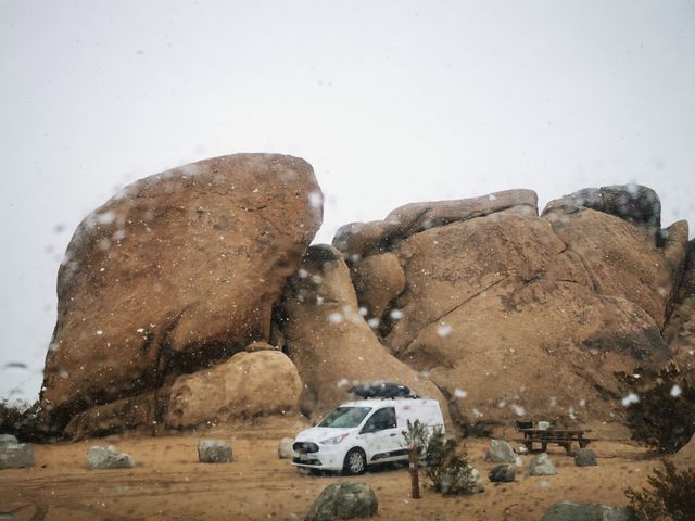 The strange rocks are the main characters, the weird trees are just embellishments, and the Joshua Tree National Park is covered in heavy snow.