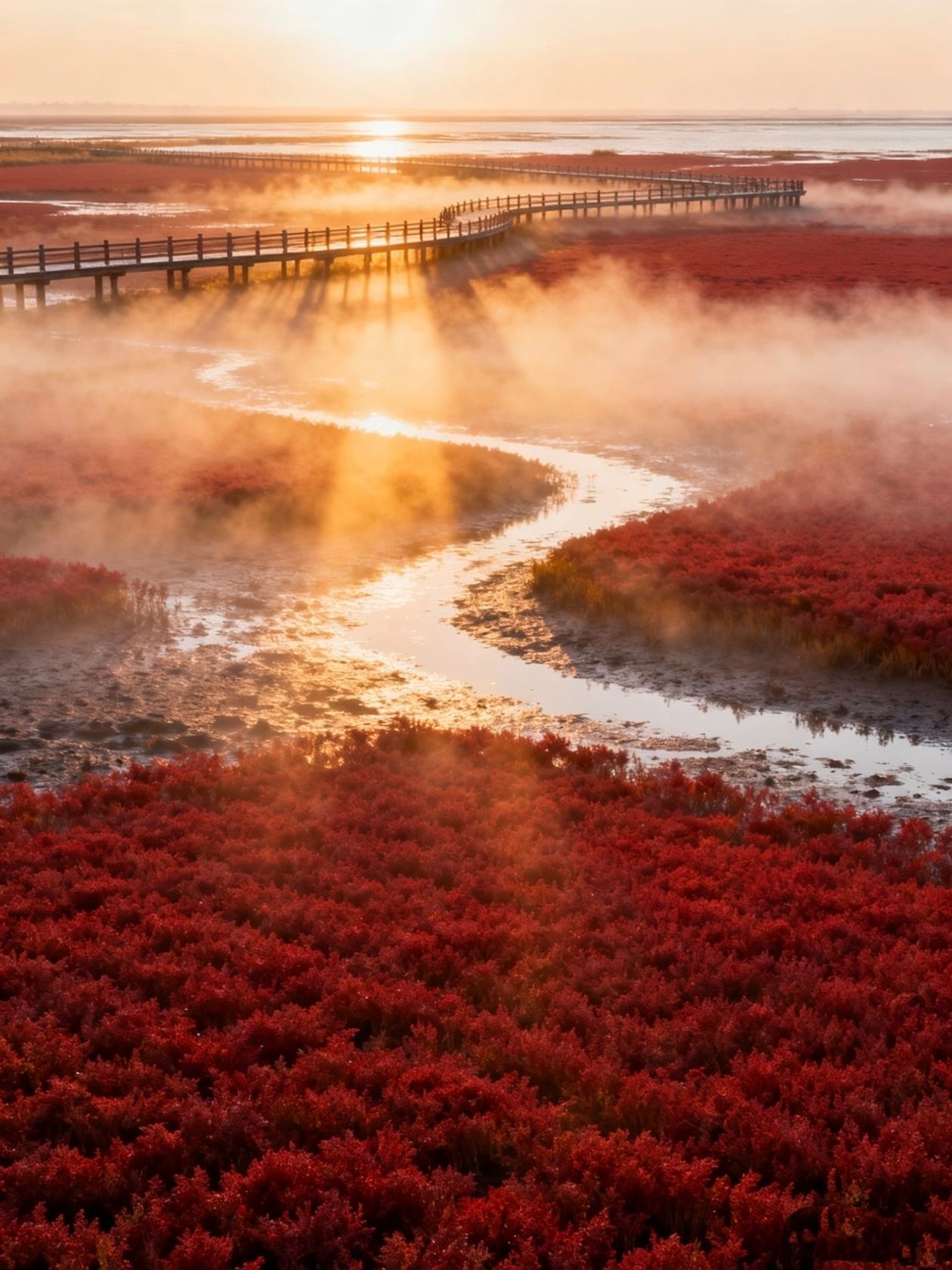 盤錦紅沙灘:絢麗的紅色海岸線

在遼寧省盤錦市,有一處被稱為「世界紅色海岸線」的地方。它並非沙灘,卻比任何沙灘都更生機勃勃;它並非花海,卻在秋季綻放出最絢麗的色彩。這就是盤錦紅沙灘──由鹼蓬草這種嬌嫩的植物編織而成的自然奇觀。

這「紅色」從何而來?

這些沙灘的紅色並非來自沙子,而是一種名為鹼蓬草的植物。這種低矮的草本灌木生長在鹽鹼土壤中。每年春天,它都會抽出嫩紅的嫩芽;夏天,嫩芽會變成鮮紅;到了秋天,則會呈現出深紫紅色。遼河入海口帶來的有機物與海水中的鹽分混合,為鹼蓬草的生長創造了理想的條件。正因如此,這片沙洲才成為了大自然獨一無二的調色盤。

♥️最佳觀賞時間?

最佳觀賞時間:九月下旬至十月中旬。

此時,瑞典紫菀的顏色最為濃鬱——一望無際的紅色地毯一直延伸到天際。天氣也最宜人:秋高氣爽,蚊蟲較少,蘆葦叢也染上了金黃色。紅與金交織,每一張照片都美得可以當桌布。

如果您在八月或九月初前往,可能會有些失望:瑞典紫菀尚未完全盛開,沙洲呈現出斑駁的黃綠色,天氣炎熱,蚊蟲也十分猖獗。但到了四月和五月,這裡會呈現出另一種清新雅緻的色彩:柔和的紅色與淡綠色交相輝映,遊客稀少,環境清幽——是悠閒漫步的理想之地。

最佳觀賞時間為上午 9 點至 11 點或下午 3 點至日落。正午時分,耀眼的陽光讓紅色褪去,那獨特的質感令人難以言喻。

如何前往

🚄🚌高鐵+巴士:

前往盤錦站。

從盤錦站搭乘盤錦-紅海灘旅遊專線:票價約30元,車程約50分鐘。

假日(中秋節、國慶日)期間,盤錦站有專線巴士直達公園入口:票價20元。

🚗自駕:

· 在導航系統中輸入「南門」(或「South Gate」)。

· 從瀋陽出發,車程約2.5小時。停車費約10-20元/天。

重要提示:切勿輕信在車站出口處提供「直達接送」服務的私人駕駛者—他們可能會帶您前往圍欄後的臨時「野外入口」。請務必搭乘官方巴士或旅遊接駁車。

🎟️🕐門票及開放時間

· 門票:約110元/人(含景區內交通)。

· 必購:需購買觀光小火車票,票價35元-觀光走廊全長18公里,步行無法到達。

優惠:學生及60-69歲老人半價;身高1.3公尺以下兒童及70歲以上老人免費。

開放時間:一般為上午8:00至下午5:30(最後入場時間為下午4:00-4:30)。

📌實用貼士

潮汐:出遊前請先查看潮汐表。漲潮時,沙洲會被淹沒,無法看到完整的紅色沙洲。最佳觀賞時間為退潮後1-2小時。

最佳拍照地點:愛情告白走廊(Love Confession Corridor)-這裡人比較少,可以拍到純粹的紅毯照片。

稻田夢幻空間(Rice Dream Space)-30公尺高的觀景塔可以同時欣賞紅色沙灘和金色稻田的美景。

必備物品:驅蚊劑(尤其是在蘆葦叢中),防曬乳。白色或淺藍色衣服在紅色背景下最顯眼。