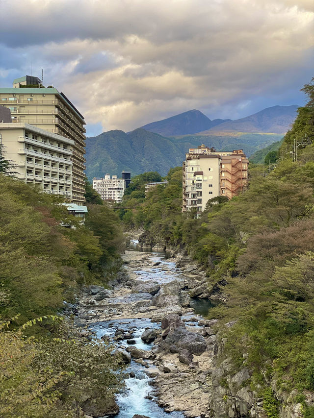 温泉街と鬼怒川を一望できる橋