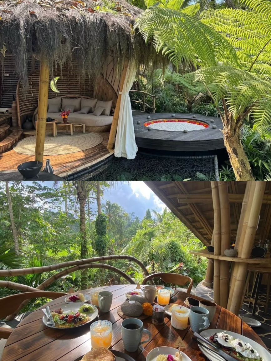 Rainforest Exploration Journey in the Bamboo House✨

- 🏠 A hidden secret in Ubud, Bali: an oasis tucked away in the rainforest
- 🏝️ Unique bamboo house surrounded by rainforest, an immersive tropical rainforest experience
- 🌿 Close contact with nature, the pristine natural scenery is breathtaking
- 💦 Bamboo house’s rainwater collection system, every detail filled with eco-friendly concepts
- 🍹 Outdoor dining table at the bamboo house, enjoy delicious food while soaking in natural beauty
- 🌅 Bamboo house at sunset, a photographer’s favorite to capture unforgettable moments
- 🌿 Plant walls inside the room, as if being surrounded by nature
- 🏊‍♀️ Outdoor pond and spa pool, bringing endless relaxation and tranquility
- 🧘‍♂️ Yoga room and meditation area, allowing true relaxation and purification of body and mind
- 🚗 Convenient transportation, only a 10-minute drive from Ubud Palace