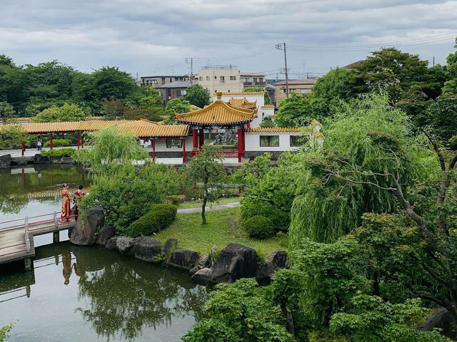 Spacious park with seasonal flowers and a peaceful pond,