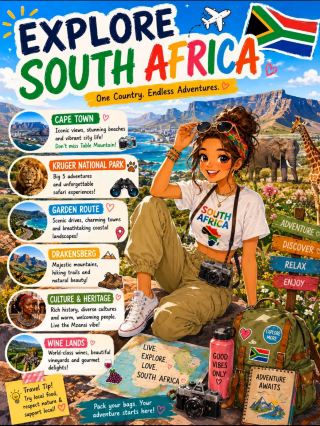✨ EXPLORE SOUTH AFRICA – THE RAINBOW NATION 🇿🇦🌍

South Africa is a destination full of diversity, adventure, and natural beauty 💛 From stunning coastlines to thrilling wildlife safaris, every experience here is unforgettable!

🏞️ Top Places to Visit:
· Cape Town – Table Mountain & Camps Bay beaches 🌊
· Kruger National Park – Best for wildlife safari 🐘🦁
· Garden Route – Scenic coastal drive 🚗
· Johannesburg – Culture & history 🏙️
· Stellenbosch – Famous wine region 🍷

🐾 Things to Do:
· Go on a Big Five safari adventure
· Enjoy cable car ride to Table Mountain
· Shark cage diving 🦈 (for thrill lovers!)
· Explore beaches, mountains & national parks

💰 Approx Budget (Per Day in USD):
· Budget: $50 – $100
· Mid-range: $120 – $250
· Luxury: $300+

🍽️ Food to Try:
· Braai (BBQ) 🍖
· Bunny Chow 🍛
· Local wines & seafood 🦐

⏰ Best Time to Visit:
· May to September (best for safari)
· October to March (best for beaches & cities)

✨ South Africa offers the perfect mix of adventure, nature, and culture—making it a dream destination for every traveler!

✈️ Pack your bags and experience the magic of Africa 💫

#southafrica  #exploreafrica  #safariadventure  #travelguide  #wanderlust  #naturelovers  #travelgoals#travel2026 #couplestrip  