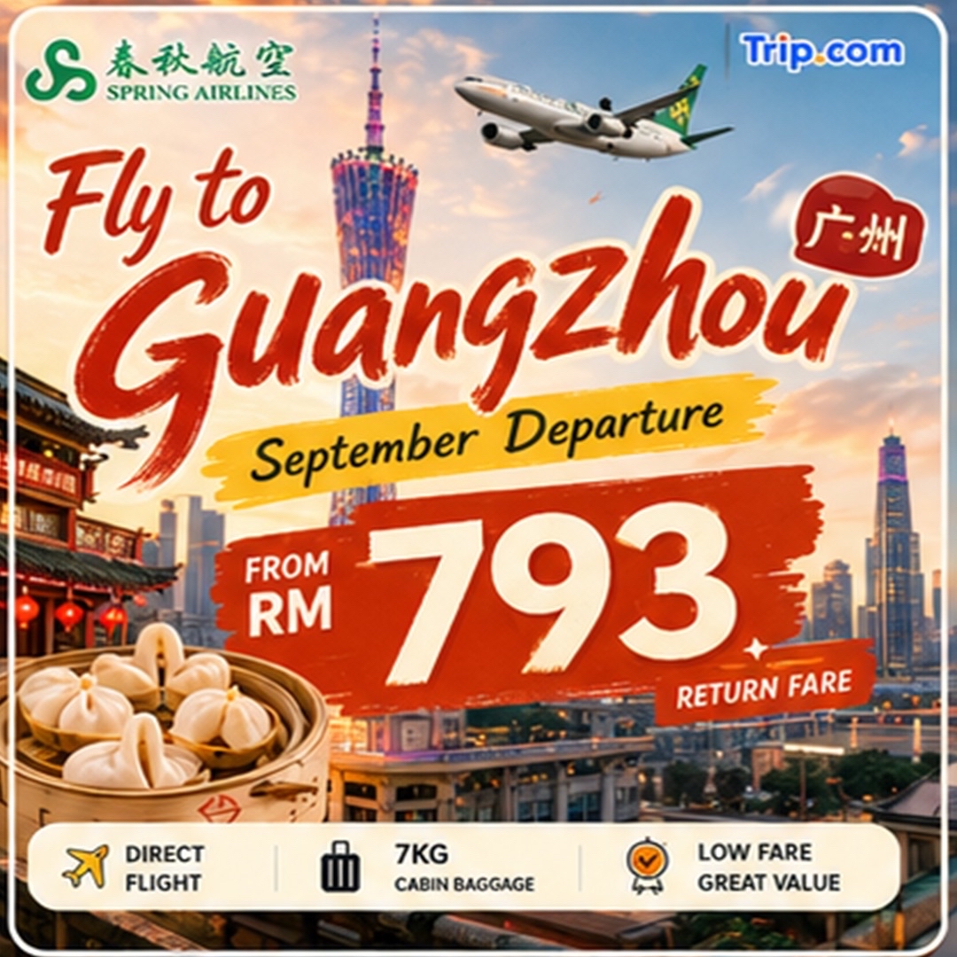 Lagi merencanakan liburan kuliner? 🇨🇳✨

Terbang dari Kuala Lumpur (KUL) ke Guangzhou (CAN) mulai dari RM793 pulang-pergi (PP) bulan September ini dengan penerbangan langsung.

Guangzhou adalah destinasi sempurna bagi para pecinta kuliner, penggemar sejarah, hingga yang hobi cafe hopping. Mulai dari jalanan bersejarah berusia ratusan tahun dan landmark ikonik hingga kuliner Kanton yang otentik, setiap sudut kota ini selalu menarik untuk dijelajahi.

📍 Destinasi Wajib Dikunjungi
✨ Xihua Road Food Street
🏯 Balai Leluhur Keluarga Chen (Chen Clan Ancestral Hall)
🌿 Yongqing Fang & Jembatan Bulan (Moon Bridge)
🏛 Pulau Shamian
🕰 Bekas Gedung Bea Cukai Kanton
⛪ Katedral Hati Kudus (Sacred Heart Cathedral)
🏮 Beijing Road & Kuil Dafo
🌃 Menara Kanton (Canton Tower)
🌉 Jembatan Haixin

🍜 Jangan Lewatkan Kuliner Khas Guangzhou
Nikmati dim sum otentik, mi wonton, nasi claypot, BBQ Kanton, rice rolls (cheung fun), hidangan penutup tradisional, dan rumah teh lokal.

🧋 Teh Susu & Minuman Lokal
Cicipi minuman favorit lokal seperti Zhuan Er, Shang Yin, Yuanyang, Li Yuan, Yaxin Four Seasons, Jiaya Milk Tea, dan Mazi Bao.

☕ Kafe Cantik & Tempat Dessert
Habiskan sore kamu dengan menjelajahi kafe-kafe estetik, toko dessert ala Jepang, kedai kopi spesial, dan hidden gems di sekitar Dongshankou dan Tianhe.

🎁 Oleh-oleh Terbaik
Bawa pulang sosis Kanton, kue kering tradisional, wine leci, biskuit ayam, camilan lokal, angsa panggang, dan suvenir unik bertema Guangzhou.

❤️ Simpan panduan ini untuk petualanganmu ke Guangzhou berikutnya!