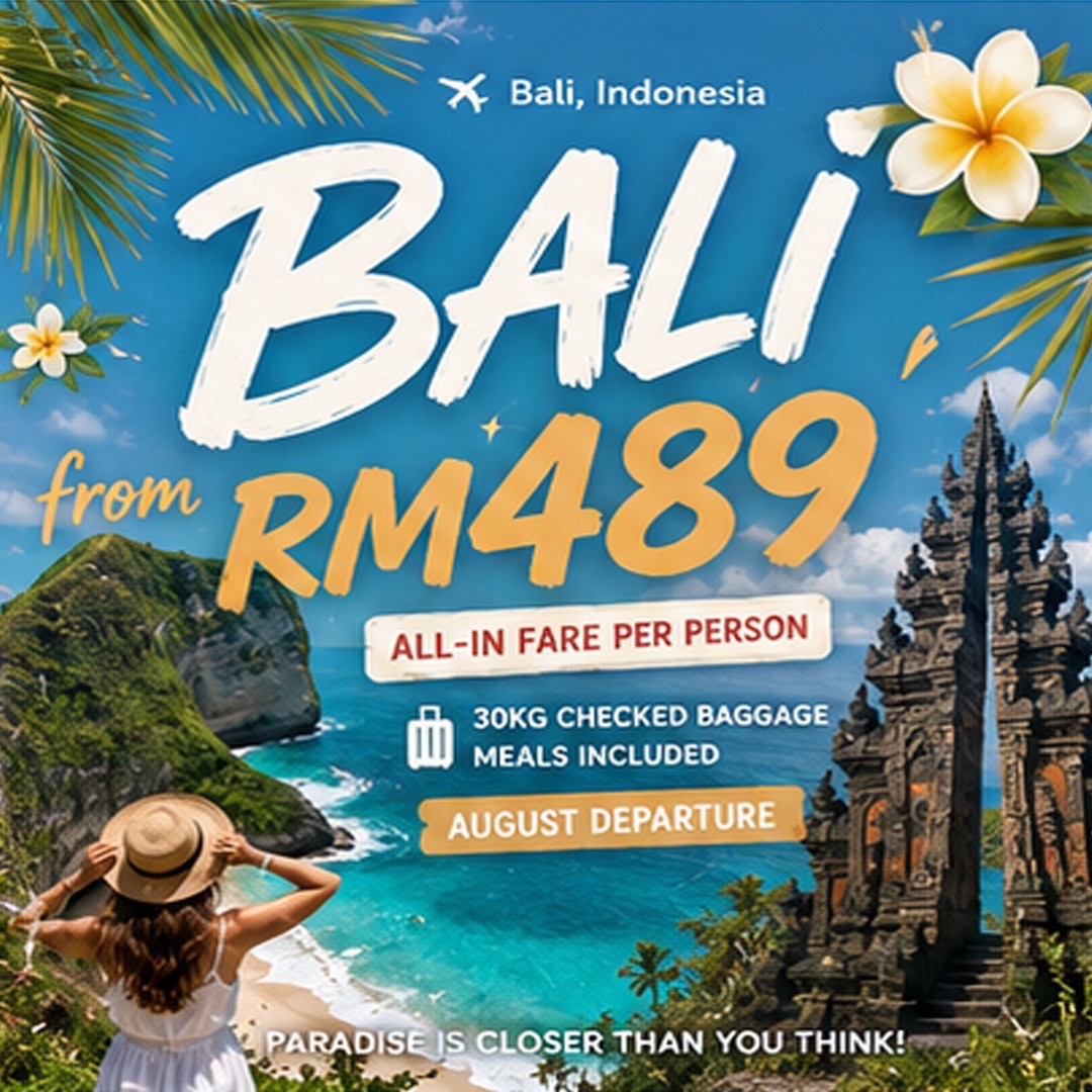 Memimpikan air biru toska, tebing yang menakjubkan, pemandangan gunung berapi, dan matahari terbenam yang tak terlupakan? 🌴✨

Terbang ke Bali mulai dari RM489 saja! Pilihan sempurna untuk liburan tropis Anda berikutnya.

Inilah hal-hal yang tidak boleh Anda lewatkan di Bali:

🌊 Melihat lumba-lumba di Pantai Lovina
🏝️ Menjelajahi tebing-tebing indah di Nusa Penida
♨️ Bersantai di Toya Hot Spring dengan pemandangan Gunung Batur
🌋 Menikmati panorama gunung berapi di Kintamani
🌾 Menelusuri sawah terasering dan pura di Ubud
🤿 Menyelam di bangkai kapal Perang Dunia II yang terkenal di Tulamben
🌅 Merasakan magisnya matahari terbenam di Pantai Jimbaran
🏄 Belajar berselancar di Pantai Kuta

Jangan lupa untuk mencicipi makanan lokal Bali yang lezat:
🥘 Bebek Crispy
🍖 Babi Guling
🍢 Sate
🍛 Nasi Goreng
🥩 Rendang Sapi
🦞 BBQ Seafood Segar
🥑 Jus Alpukat
☕ Kopi Indonesia

Sisakan ruang di koper Anda untuk oleh-oleh terbaik dari Bali seperti Ellips Hair Oil, Herborist Body Scrub, Minyak Pijat Kamboja, Tiger Balm, dan produk perawatan kulit lokal! 🛍️

☀️ Tips Perjalanan
✔️ Minum obat mabuk laut sebelum mengunjungi Nusa Penida.
✔️ Tiba di Jimbaran sebelum jam 17:30 untuk mendapatkan pemandangan matahari terbenam terbaik.
✔️ Gunakan tabir surya setiap hari.
✔️ Berpakaianlah dengan sopan saat mengunjungi pura.
✔️ Bawa uang tunai untuk berbelanja di pasar lokal.