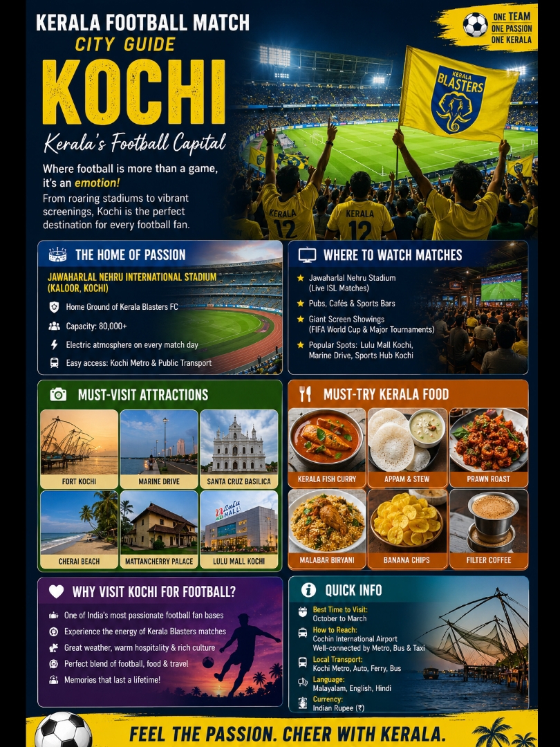#footballmatchcityguide 
🌴⚽ Fifa World Cup Kerala –Football Match City Guide🌴⚽ Kochi – Kerala's Football Capital 🇮🇳

If you're looking for the best football atmosphere in India, Kochi should be at the top of your list. Home to the passionate Kerala Blasters FC fans, the city comes alive on match days with yellow jerseys, energetic chants, and packed cafés, sports bars, and stadiums.

Whether you're watching an Indian Super League match or cheering for the FIFA World Cup on giant screens, Kochi offers an unforgettable football experience filled with excitement and local hospitality.

🌟 Why Visit Kochi for Football?

⚽ Home of Kerala Blasters FC
🏟️ Jawaharlal Nehru International Stadium (Kaloor)
📺 Giant-screen football screenings during major tournaments
💛 One of India's most passionate football fan communities
🍛 Famous Kerala cuisine and seafood
🚇 Easy transport by Kochi Metro, buses, ferries, and taxis
🌴 Beautiful backwaters, beaches, and cultural attractions nearby

📍 Must-Visit Attractions

🚤 Fort Kochi
⛪ Santa Cruz Basilica
🌅 Marine Drive
🛍️ Lulu Mall Kochi
🌴 Cherai Beach
🚢 Mattancherry Palace & Jew Town

🍽️ Must-Try Kerala Food

🐟 Kerala Fish Curry
🥥 Appam & Stew
🍛 Malabar Biryani
🦐 Prawn Roast
🍌 Banana Chips
☕ Traditional Filter Coffee

Football in Kochi is more than a game—it's a celebration that unites people from every corner of Kerala. If you want to experience India's football passion at its finest, Kochi is the place to be.

Feel the Passion. Cheer with Kerala. Experience Football Like Never Before! 💛⚽

 #kerala  #kochi  #keralablasters  #indianfootball  #isl  #footballfans  #footballtravel  #worldcup  #visitkerala  #sportstourism  #jawaharlalnehrustadi  #surmaiduniya  #travel2026 