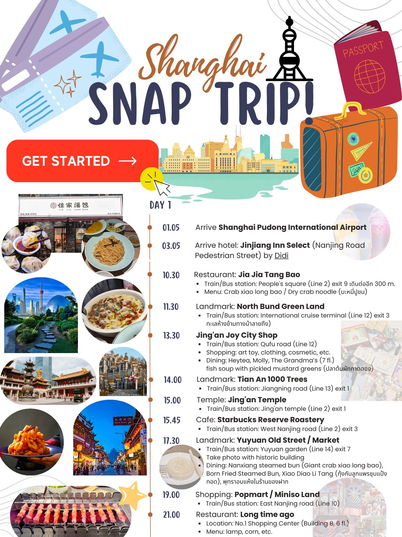 🇨🇳上海快照之旅！在上海連續四天

第一天：探索地標+品嚐美食🤩😘

	• 從著名的小籠包、嘉嘉湯包開始。
	• 漫步濱江公園北外灘綠地，欣賞價值百萬的美景。
	• 前往靜安大悅城喝奶茶、購物、品嚐酸菜魚湯。
	• 靜安寺祈福
	• 最後從 Popmart / Miniso Land 購買可愛物品，然後去 Long Time 享受輕鬆的燒烤。


第二天：外灘日🟫🏛️– 藝術愛好者和購物狂都在這裡！
	• 早上前往龍華寺參拜。
	• 繼續前往經典美麗的武康大廈街 + 在安福路購買當地品牌
	• 在 New Sukiyaki 享用涮鍋自助午餐
	• 傍晚時分，散步並拍攝外灘岩石區的照片 – 外灘 – 乘車穿越觀光隧道。
	• 購物狂們在迪士尼商店和正大廣場停業
	• 終點在南京路，太棒了！

第三天：迪士尼樂園日！ 🏰🥰
	• 早上 7 點憑提前入場通行證進入園區。
	• 全面進入瘋狂動物城/探險島/幻想大陸區域。
	• 不要錯過《飛越地平線》/《電子世界爭霸戰》/《加勒比海盜》等熱門遊樂設施
	• 還有時間玩嘉年華遊戲！
	• 深夜，在返回酒店之前，在時尚的 Half a Drink 酒吧補充能量。

第四天，飛回前購物、吃飯、休息的最後一天🛍️🛬
	• 參觀新天地並在最酷的區域拍攝酷炫的照片。
       • 品嚐紐約貝果、奶油和奶油！
       • 購買 Stüssy、Maison Kitsuné 等時尚品牌
	• 淮海中路時尚
       • 在 Haus Nowhere（Gentle Monster、Tamburins）聚集時尚達人
       • 用小紅書粥和 Popeyes 炸雞補充能量
	• 南京路工作結束，盡情購物
	• 搭乘磁浮高速列車前往機場。

誰計劃訪問上海？試試這個。我告訴你，“每一步都是值得的！”