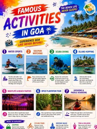 🌴✨ Top Famous Activities in Goa You Shouldn't Miss! 🏖️🇮🇳

🌊 Water Sports at Calangute & Baga Beach 🏄 Parasailing • 🚤 Jet Ski • 🍌 Banana Boat Ride • 🌊 Speed Boat Adventure

🐬 Dolphin Watching Tours Enjoy an exciting boat ride and spot playful dolphins in the Arabian Sea.

🏝️ Island Hopping Visit beautiful islands like Grand Island and enjoy snorkeling adventures.

🤿 Scuba Diving & Snorkeling Explore colorful coral reefs and marine life beneath Goa's crystal-clear waters.

🌅 Sunset Cruise on Mandovi River Enjoy live music, dance performances, and stunning sunset views.

🏰 Explore Historic Forts Visit Fort Aguada, Chapora Fort, and Reis Magos Fort for spectacular sea views.

🍤 Goan Food Trail Taste authentic Goan Fish Curry, Prawn Balchão, Bebinca, and local seafood delights.

🛍️ Flea Market Shopping Shop for souvenirs, handicrafts, jewelry, and beachwear at Anjuna and Saturday Night Markets.

🎶 Nightlife & Beach Parties Experience Goa's famous clubs, beach shacks, live music, and nightlife.

🚴 Rent a Scooter & Explore The best way to discover hidden beaches, scenic roads, and local villages.

🌴 Relax at Famous Beaches 🏖️ Palolem Beach 🏖️ Baga Beach 🏖️ Calangute Beach 🏖️ Candolim Beach 🏖️ Vagator Beach

📸 Instagram-Worthy Photo Spots 🌅 Chapora Fort 🌉 Dona Paula Viewpoint 🏝️ Butterfly Beach 🌴 Palm-lined Coastal Roads

#goa  #goaactivities  #visitgoa  #goatourism  #watersports  #scubadiving  #beachlife  #travelindia  #goavacation  #travel  #thingstodo  #familytravel  #couplestrip  #staycation  🌊☀️🏖️