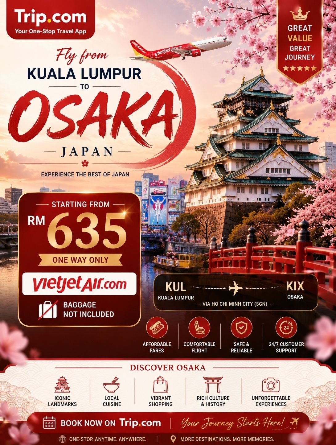 🇯🇵 Explore Osaka from only RM635 One Way! ✈️
Planning your next trip to Japan? 🇯🇵 Fly from Kuala Lumpur (KUL) to Osaka (KIX) with VietJet Air from only RM635 one way on selected travel dates.
✈️ Flight Details
📍 Route: Kuala Lumpur → Osaka
✈️ Airline: VietJet Air
💰 Starting from: RM635 (One Way)
🧳 Baggage: Not Included
📍 Transit: Ho Chi Minh City, Vietnam 🇻🇳
📲 Book easily with Trip.com
Osaka is one of Japan's most exciting cities, famous for its delicious street food, vibrant nightlife, historic castles, world-class shopping, and family-friendly attractions like Universal Studios Japan.
✨ Why visit Osaka? 🏯 Discover the iconic Osaka Castle
🌃 Experience the lively atmosphere of Dotonbori
🎢 Enjoy a fun-filled day at Universal Studios Japan
🍣 Taste authentic takoyaki, okonomiyaki, and fresh sushi
🛍️ Shop in Shinsaibashi and Namba
💡 Travel Tip: If you have a longer layover, take the opportunity to explore Ho Chi Minh City, where you can enjoy delicious Vietnamese cuisine, bustling local markets, and famous landmarks before continuing your journey to Japan.
Save this deal for your next Japan adventure and book early while fares are still available! ✈️🇯🇵
#travel2026 #travel #japan #vietnam #staycation #osaka #myitinerary 