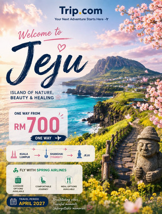 🇰🇷🌸 Kuala Lumpur → Jeju from RM700 One Way! ✈️
Dreaming of an island escape with dramatic coastlines, volcanic landscapes, fresh seafood and beautiful Korean scenery? Jeju Island is definitely one destination worth adding to the list. 🌊🏔️🌿
💰 ONE WAY FROM RM700
✈️ Spring Airlines
🔄 Transit in Shanghai
🧳 Luggage available as an option
This trip takes us from Kuala Lumpur → Shanghai → Jeju, giving us the chance to experience a completely different side of Korea away from the busy streets of Seoul.
🌿 What to explore in Jeju
Jeju is all about nature. From the volcanic landscapes of Hallasan to the dramatic coastal cliffs, turquoise waters and peaceful countryside, the island offers plenty of places to slow down and enjoy the scenery.
📍 Seongsan Ilchulbong — Catch an incredible sunrise over Jeju's volcanic coastline.
🌊 Jusangjeolli Cliff — See the island's distinctive volcanic rock formations along the coast.
🌿 Hallasan — Explore Korea's highest mountain and its beautiful surrounding landscapes.
💦 Jeongbang Waterfall — One of Jeju's most spectacular waterfalls, flowing directly towards the sea.
🌸 Camellia Hill — A beautiful garden filled with seasonal flowers and peaceful walking paths.
🏝️ Udo Island — Take a short trip from Jeju and discover beaches, coastal roads and island scenery.
🍜 And don't forget the food!
Jeju is also a great destination for food lovers. Try the famous Jeju Black Pork, fresh seafood, grilled mackerel, seafood noodle soup and Jeju's signature Hallabong citrus desserts. 🍊🥢
From scenic coastal drives to local food and peaceful mountain views, Jeju gives you a completely different travel experience.
✈️ OUR TRIP
🇲🇾 Kuala Lumpur
↓
🇨🇳 Shanghai — Transit
↓
🇰🇷 Jeju Island
🔥 FROM JUST RM700 ONE WAY
If you've been looking for an escape that combines beautiful scenery, Korean culture, nature and amazing food, this could be a trip worth considering.
💡 Travel tip: RM700 is a starting fare and may change depending on travel dates and availability. Luggage is available as an option, so remember to check the final fare and baggage cost before booking.
RM700 one way to Jeju — would you take this trip? 🇰🇷✈️🌸
#jeju #travel2026 #couplestrip #beachlife #thingstodo #korea #localfood #shanghai #springairlines 