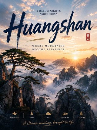 🏔️ HUANGSHAN: A full 4-day, 3-night tour of Huangshan Mountain, an ancient city, and a village nestled in the valley.