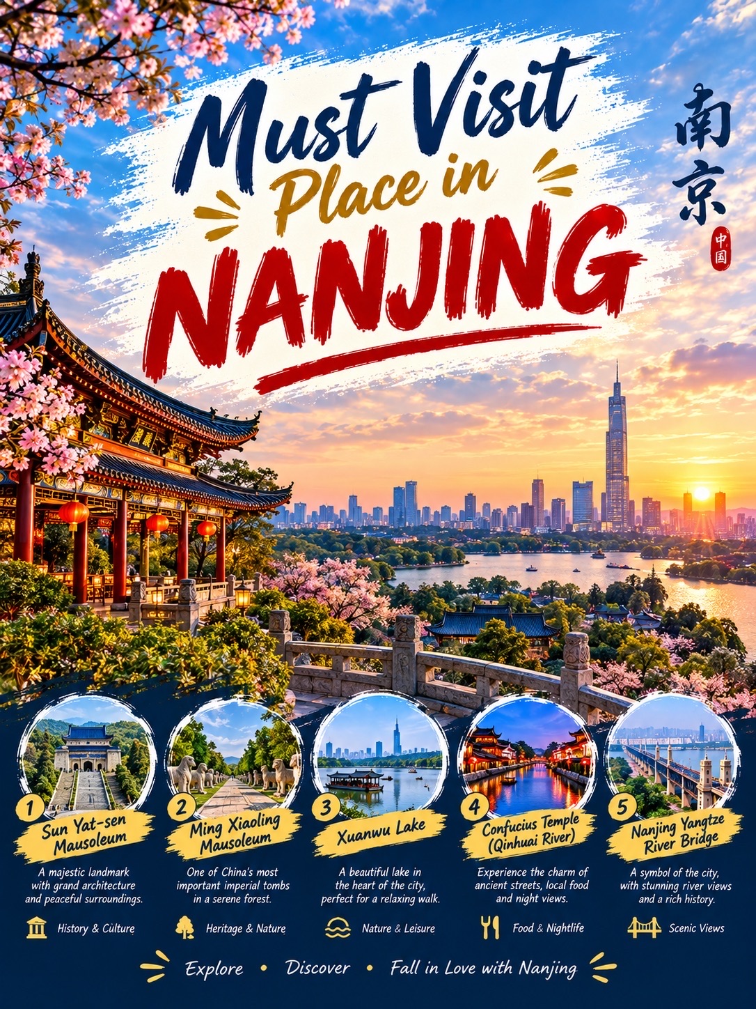 Planning a trip to Nanjing? This historic city is filled with imperial landmarks, beautiful lakes, ancient temples, and unforgettable riverside views. Here are 5 places you should add to your Nanjing itinerary:

🏛️ 1. Sun Yat-sen Mausoleum
Located on the beautiful Purple Mountain, the Sun Yat-sen Mausoleum is one of Nanjing’s most iconic landmarks. The grand staircase, impressive architecture, and peaceful mountain surroundings make it a must-visit for history lovers and photographers.

🏯 2. Ming Xiaoling Mausoleum
Step back into the Ming Dynasty at the magnificent Ming Xiaoling Mausoleum. Surrounded by forests and ancient stone statues, this UNESCO World Heritage Site offers a fascinating look into China’s imperial history.

🌊 3. Xuanwu Lake
Looking for a relaxing escape? Xuanwu Lake is a beautiful urban lake surrounded by gardens, historic sites, and views of Nanjing’s skyline. It’s perfect for walking, taking photos, or simply enjoying a peaceful afternoon.

🏮 4. Confucius Temple & Qinhuai River
Experience the atmosphere of old Nanjing around Confucius Temple and the Qinhuai River. The area comes alive with traditional architecture, colorful lights, local food, shops, and beautiful nighttime scenery. A boat ride along the river is an especially memorable experience.

🌉 5. Nanjing Yangtze River Bridge
One of Nanjing’s most famous modern landmarks, the Yangtze River Bridge offers a unique connection between the city’s history and its modern development. It’s an impressive place to appreciate the scale of the Yangtze River and Nanjing’s urban landscape.

✨ Nanjing is a city where ancient Chinese history meets modern life. From imperial mausoleums and temples to peaceful lakes and the mighty Yangtze River, there’s something here for every traveler.

📍 Save this guide for your Nanjing trip!

If you could visit only ONE of these five places, which one would you choose? 🇨🇳👇

#nanjing #chinatravel #nanjingtravel #visitchina #chinatourism #travelchina #nanjingguide #tripcom #epictravelmoments #travelguide #explorechina