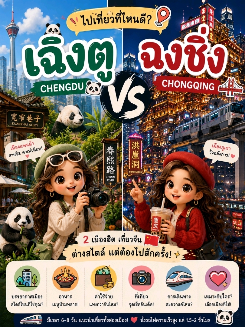If you only have a few days to travel in China and are torn between Chengdu and Chongqing, both cities offer distinctively different charms.
🐼 Chengdu is perfect for laid-back travelers who love pandas, cafes, culture, and nature. The vibe is super relaxed—you can stroll around at your own pace while enjoying flavorful Sichuan cuisine.
🌉 Chongqing is a dream for photography lovers who enjoy stunning nightscapes, mountain city vibes, and spectacular landmarks like Hongyadong and the iconic train that passes right through a residential building. The food is fiercely spicy, hitting the spot for Mala enthusiasts.
💰 The cost of traveling in both cities is pretty similar. Getting around is convenient, and they are connected by a high-speed train that takes just 1.5–2 hours.
✨ If you prefer a peaceful and slow-paced vibe, choose Chengdu.
✨ If you love a bustling and energetic atmosphere, choose Chongqing.
However, if you have 6–8 days, we highly recommend visiting both! You'll get to experience the ultimate slow-life vibe and breathtaking cityscapes all in one trip. ❤️