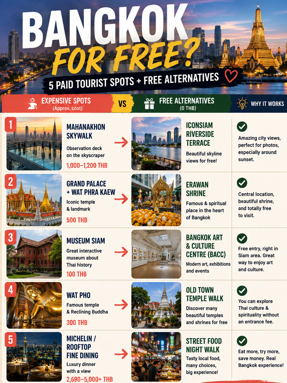 Sometimes when I travel, I don’t want to spend money on every famous attraction. Of course, Bangkok has many beautiful paid places, but my budget-traveler habit is to always ask myself: can I find a free or cheaper alternative nearby?
For example, instead of paying for every observation deck, I love looking for free skyline views from riverside terraces, parks, bridges, or shopping-mall viewpoints. Instead of choosing only expensive museums, I check free art spaces too — BACC in Bangkok has free admission, which makes it perfect for a cultural stop without spending extra money.
I’m not saying paid attractions are bad. Some are definitely worth it: the Grand Palace ticket for foreigners is 500 THB, and Wat Pho is 300 THB. But if you are traveling on a budget, you don’t have to pay for everything to enjoy Bangkok.
My personal rule is simple:
Splurge on what really matters to you, and save on the rest.
Sometimes a free shrine, street-food walk, sunset river view, or local park gives me the same travel happiness as a paid attraction — and then I can use that saved money for more days, more food, or the next trip.
Would you rather pay for famous attractions or search for free alternatives?