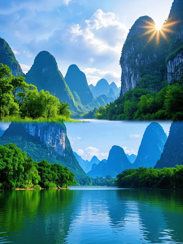 廣西桂林暮色山水間的詩意畫卷