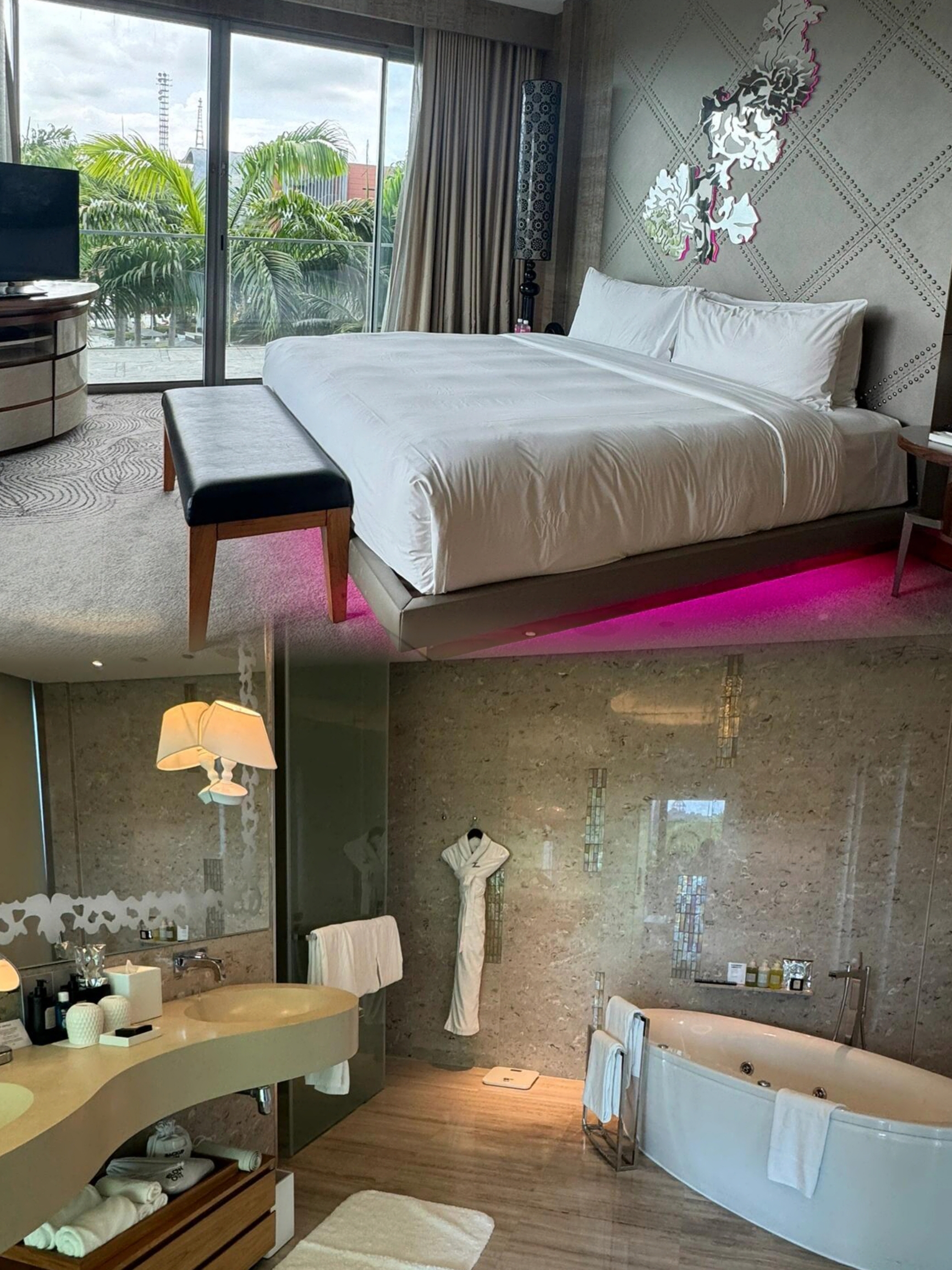 Kami menginap di Hotel W di Pulau Sentosa, Singapura. Ini pertama kalinya saya menginap di Hotel W bersama-sama, dan rasanya sungguh istimewa.

🏘️Tipe/Tata Letak Kamar:
Kami menginap di Magnificent Suite seluas 80 meter persegi, yang mempertahankan gaya khas Hotel W. Pintu kamar tidur menghadap ke kolam renang, dan jika melihat ke bawah, Anda dapat melihat kolam renang pribadi di beberapa kamar di lantai pertama. Sebuah tempat tidur terletak di balkon sudut, diposisikan sempurna di sudut, menghadap pelabuhan, hampir tak terlihat dari kamar lain, menawarkan privasi yang sangat baik. Kamar mandinya luas dan dirancang dengan baik.

🛌Fasilitas/Perlengkapan:
Kamarnya agak kuno, tetapi pencahayaan ungu-merah di bawah tempat tidur, kursi gantung, dan sofa besar merupakan sentuhan yang unik. Sebuah TV dipasang di atas bak mandi, memungkinkan Anda menonton acara TV secara bersamaan di kamar tidur. Kolam renang hotel yang luas dilengkapi dengan banyak sofa dan kursi santai, dan buka 24 jam, meskipun seluncuran air besar tutup pada malam hari.

Tips Lainnya:

- Petugas concierge sangat membantu, menawarkan minuman kecil saat check-in dan cokelat W Singapore di kamar, yang sangat manis.
- Sarapan menawarkan beragam buah, termasuk potongan nangka kupas dan menu sarapan ala Cina seperti pangsit udang.
- Singapura bisa sangat panas di luar, jadi berhati-hatilah agar tidak terkena sengatan panas saat bersantai di tempat tidur balkon Anda.
- Bus antar-jemput beroperasi di Pulau Sentosa, sehingga memudahkan perjalanan. W Hotel memiliki halte khusus.
- Makan di pulau ini cukup mahal. Saya merekomendasikan Coastes, restoran tepi pantai dengan pemandangan laut yang nyaman dan sayap ayam goreng yang lezat. Untuk harga yang lebih terjangkau, cobalah Grand Times di Vivocity, halte terakhir di kereta MRT. Mr Coconut juga patut dicoba. Saya merekomendasikan rasa original dan Oreo, dan kandungan gula 25%-nya sangat baik.