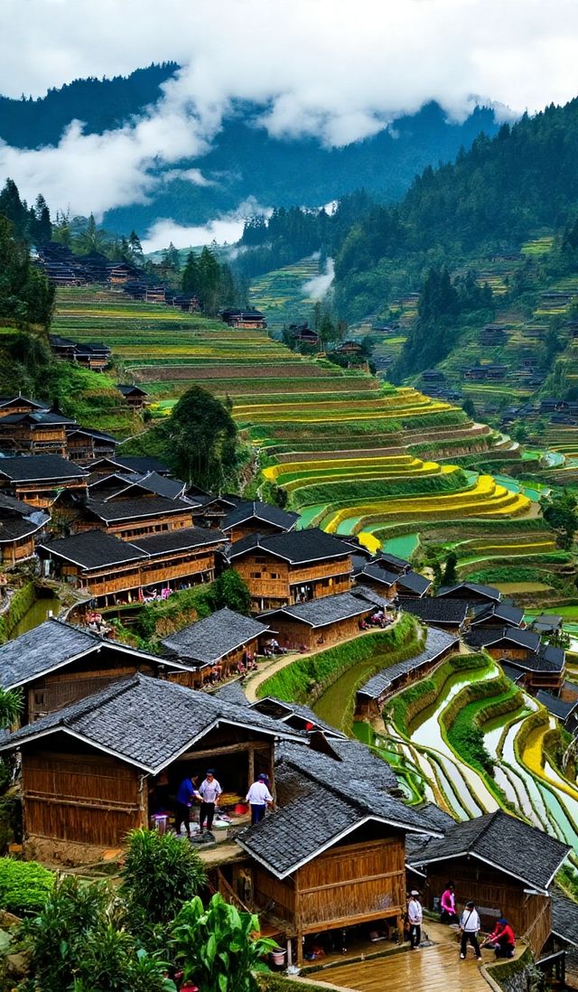 層層疊疊的田壟如天梯般蜿蜒山間，吊腳木樓隱現於雲霧中如仙境