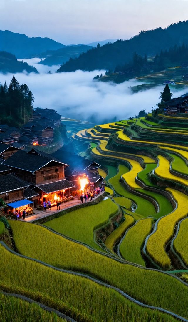 層層疊疊的田壟如天梯般蜿蜒山間，吊腳木樓隱現於雲霧中如仙境