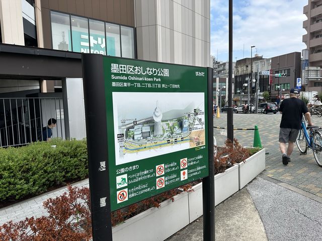 東京・押上。スカイツリーを見上げる『北十間川』と『墨田区おしなり公園』 
