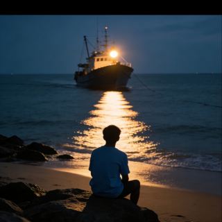 厦門黄厝海岸の夕日は驚きの連続！漁船が港に戻るとき、海面には星のような灯りが漂います