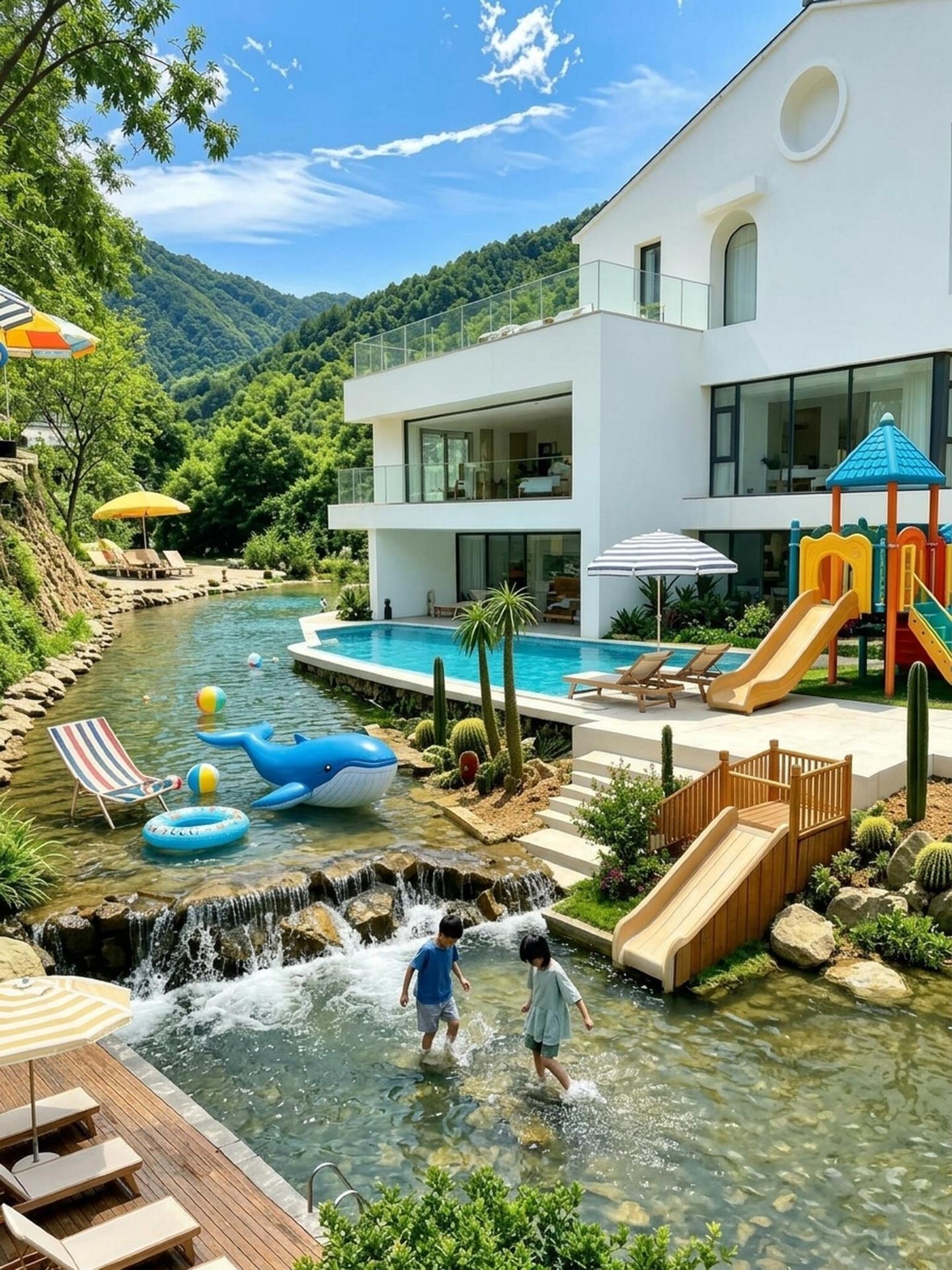 🌟 Highlights at a Glance
✅ Open your window to greenery, lie back in a mountain oxygen bar: The wooden-style cottage is surrounded by bamboo groves, with cicadas and birdsong lulling you to sleep.
✅ Step outside to creek trekking, a natural water playground: The Fuchun mountain spring flows gently by, with clear, cool shallow pools perfect for fishing, shrimp catching, and water fights—kids can play wildly all day long!
✅ Lazy vacation mode ON: Pool, lawn, BBQ, KTV… the yard covers all the fun, no need to rush your schedule!

💦 24-Hour Activity Guide
☀️ Morning: Creek Trekking Fun

Put on creek shoes and step into the 10cm-deep icy spring, catch little fish or crabs, and bring your own net for extra fun~
Dense shade keeps you cool; bring a camping chair, brew some tea, and relax to the sound of flowing water.
🌞 Afternoon: Yard Party

Mountain-view pool: Circulated with spring water, perfect for snapping forest-style photos (bring float toys recommended).
Lawn picnic: Lay out an Instagram-worthy mat for a “mountain afternoon tea.”
Parent-child crafts: Collect stones for painting or leaf printing to unlock natural inspiration.
🌙 Evening: Cozy Firelight Party

Charcoal BBQ: Exclusive BBQ area in the yard, fully equipped tools, sizzling and soothing.
Starry sky KTV + Mahjong: Adults sing and play mahjong while kids chase fireflies on the lawn (summer only!).
🏡 Stay in a Forest Cabin
Room design: Natural wood + white walls + floor-to-ceiling windows, minimalist wabi-sabi style, each with a scenic terrace.
Flexible room options: Choose from 5 to 20 rooms, standalone villas, entire floors, or the whole estate, suitable for different group sizes.
Thoughtful details: Kids’ bathrobes, mosquito repellent, sterilizer… fully family-friendly!
📌 Practical Tips
Transport: 1 hour by car from Hangzhou / 3 hours from Shanghai; 30 minutes by taxi from Tonglu High-Speed Rail Station.
Must-bring items: Creek shoes, swimsuit, sun hat, mosquito spray, water toys.
Nearby extras: 10 minutes by car to “Huxiao Gorge Rafting” and “Yaolin Wonderland,” perfect for combined trips.
🍵 Summer in Tonglu is the coolness of creek water flowing over your feet and the comfort of evening breezes carrying the aroma of grilled skewers.
Escape the city and waste your time in the mountain breeze and streams~

👉 Tap to book and unlock your hidden getaway!  