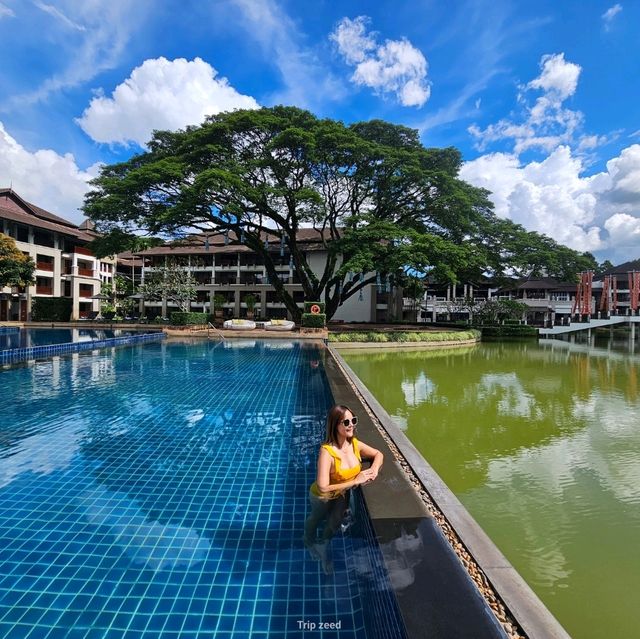 สระว่ายน้ำท่ามกลางสวน และวิวแม่น้ำ