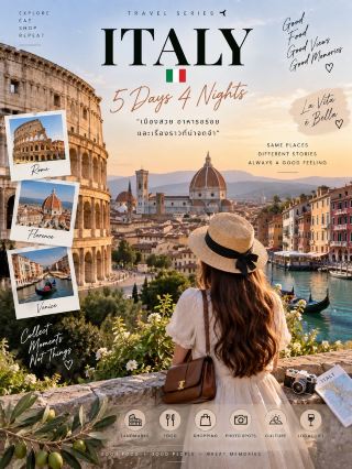 🇮🇹 ITALY 5 DAYS 4 NIGHTS
Rome • Florence • Venice ✈️✨
เมืองสวย อาหารอร่อย และเดินไปทางไหนก็เหมือนอยู่ในหนัง 🤍

🏛️ DAY 1 | ROME
เริ่มต้นที่ Colosseum → Roman Forum → เดินเล่นย่านเมืองเก่า → แวะ Trevi Fountain ⛲️
ช่วงเย็นหาอาหารอิตาเลียนอร่อยๆ ทาน พร้อมเจลาโต 🍨

⛪️ DAY 2 | ROME & VATICAN
เที่ยว Vatican Museums → St. Peter’s Basilica
ช่วงบ่ายไป Pantheon → Piazza Navona
ปิดท้ายด้วยการเดินเล่นชมกรุงโรมช่วงเย็น 🌅

🌷 DAY 3 | FLORENCE
เดินทางต่อไป Florence 🚆
ชม Florence Cathedral → Ponte Vecchio → เดินเล่นตามถนนสายเล็กๆ
ช่วงเย็นขึ้นจุดชมวิวเมือง ถ่ายรูปพระอาทิตย์ตก 📸

🛶 DAY 4 | VENICE
เดินทางสู่ Venice เมืองแห่งสายน้ำ 🤍
เที่ยว St. Mark’s Square → Rialto Bridge → เดินเล่นตามตรอกและคลอง
ถ้าอยากได้ฟีลอิตาลีเต็มๆ ลองนั่ง Gondola ชมเมืองช่วงเย็น

✨ DAY 5 | VENICE & GOODBYE
เช้าเดินเล่นแบบสบายๆ → แวะคาเฟ่ ☕️ → ซื้อของฝาก
เก็บภาพบรรยากาศ Venice ก่อนเดินทางกลับ ✈️

🍕 MUST TRY
Pizza • Pasta 🍝 • Tiramisu • Gelato 🍨 • Espresso ☕️

💡 ทริก: อิตาลีเป็นทริปที่เดินเยอะมาก รองเท้าสบายสำคัญสุดๆ 👟 และถ้าจะเที่ยวหลายเมือง ลองวางเส้นทางรถไฟล่วงหน้า จะช่วยให้จัดเวลาแต่ละวันง่ายขึ้น

ครั้งหนึ่งต้องลองมาอิตาลี 🇮🇹
ประเทศที่แค่เดินเล่นตามถนน ก็มีมุมสวยให้หยุดถ่ายรูปได้ตลอดทาง 🤍

#เที่ยวอิตาลี #ItalyTrip #Rome #เที่ยวต่างประเทศ