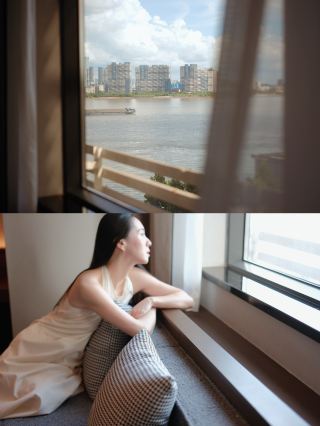 The room is wooden, and the view from the window is ever-changing