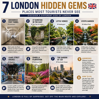 These 7 places are in London… but most tourists never find them 👀
If you want to see a more surprising side of the city, start with the Greenwich Foot Tunnel, where you can walk underneath the River Thames for free. St Dunstan in the East feels like a secret garden hidden inside the ruins of an old church 🌿 Little Venice is perfect for a peaceful canal-side walk, while Kyoto Garden offers waterfalls, colourful plants and a quiet Japanese atmosphere inside Holland Park.
For something completely different, explore the colourful graffiti beneath Waterloo at Leake Street Arches 🎨 Isabella Plantation is especially beautiful when the flowers are in bloom, and The Garden at 120 gives you an incredible rooftop view without paying for an observation deck 🌇 These places prove that London is much more than Big Ben, Buckingham Palace and the usual tourist route 💯
Address ➡️ Different locations across London, including Greenwich, the City of London, Paddington, Holland Park, Waterloo, Richmond Park and Fenchurch Street.
How to go ➡️ Use the Tube, DLR, Overground or bus, then walk from the nearest station. Group two or three places in the same area to make the most of your day.
#londonhiddengems #hiddenlondon #visitlondon #londontravel #londontips #explorelondon #secretlondon #uktravel #citybreak #thingstodoinlondon #londonforfree #greenwich #littlevenice #traveltips #passionpassport