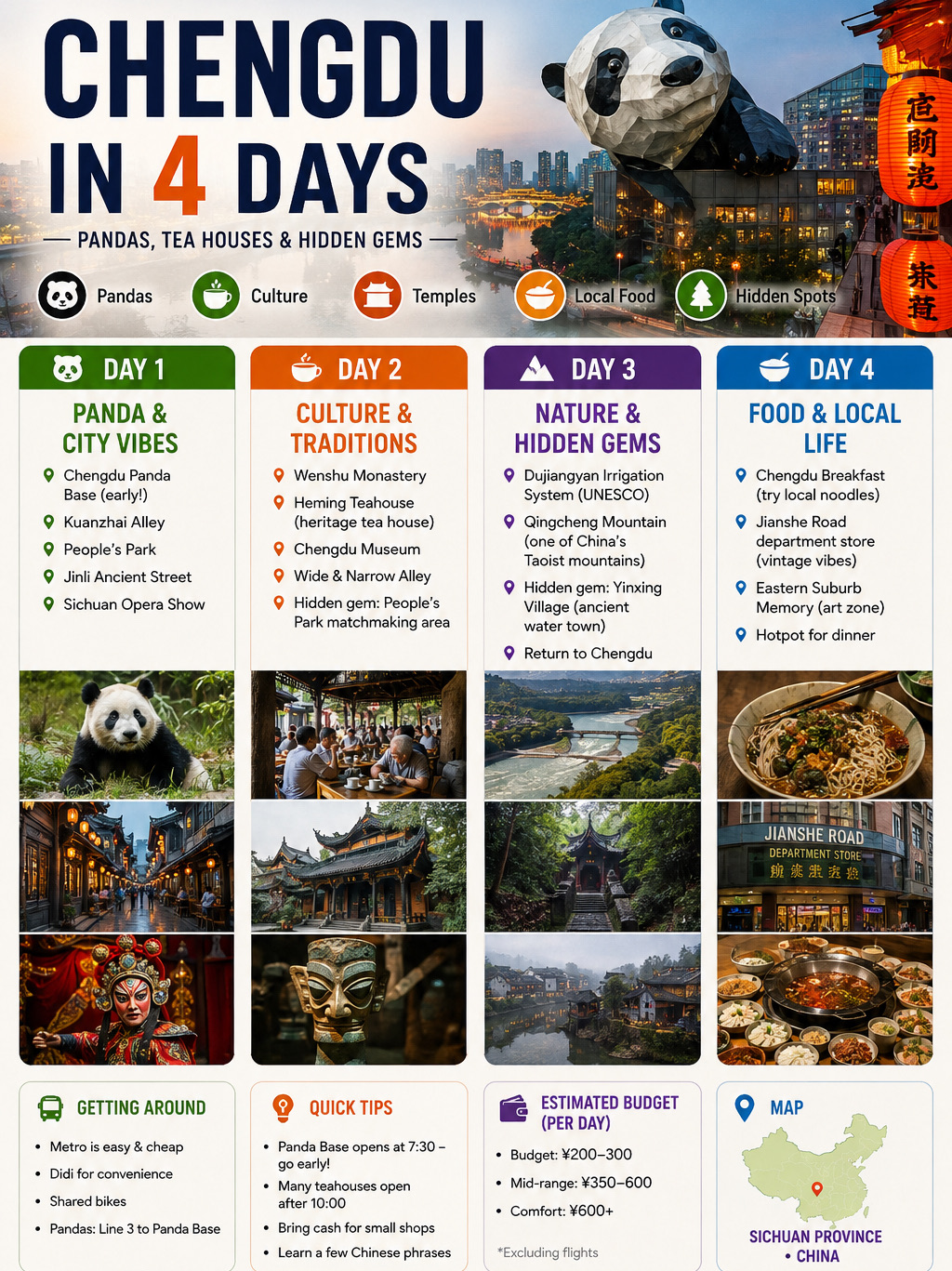 Spend four unforgettable days exploring the best of Chengdu. On Day 1, visit the Chengdu Research Base early to see active pandas, then explore Kuanzhai Alley, People’s Park, Jinli Ancient Street and finish with a Sichuan Opera show.
Day 2 is dedicated to culture and traditions. Discover Wenshu Monastery, enjoy tea at Heming Teahouse, visit Chengdu Museum, walk through Wide and Narrow Alley, and see the matchmaking corner in People’s Park.
On Day 3, leave the city for the UNESCO-listed Dujiangyan Irrigation System and peaceful Qingcheng Mountain. Continue to Yinxing Village, a charming ancient water town, before returning to Chengdu.
Spend Day 4 enjoying local life: try a traditional Chengdu breakfast, browse the vintage-style Jiannshe Road department store, explore Eastern Suburb Memory art zone, and end your trip with spicy Sichuan hotpot. Chengdu offers the perfect mix of pandas, history, hidden gems and delicious food.