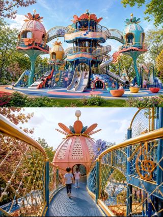 A dream check-in spot! A flower-themed kids' playground like a music box