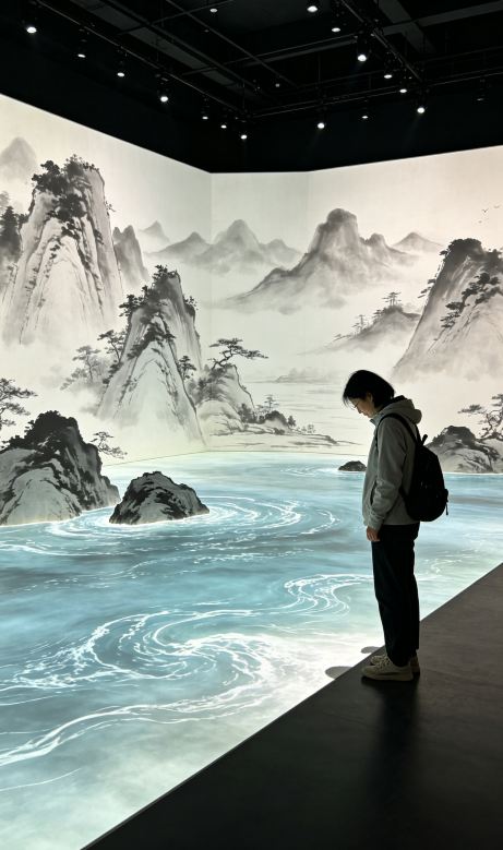 千里江山図の大型水墨画スポットで、古画の中に入り込んだような写真を