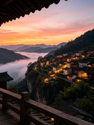 Hidden on a cliff, this ancient village weaves the early autumn sea of clouds into daily life