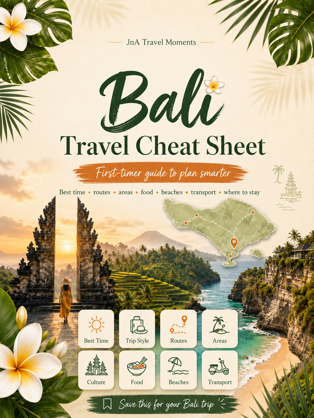Bali is easy to love, but it is very easy to plan wrongly.

Many first-timers try to fit beaches, Ubud, temples, waterfalls, cafés, beach clubs, Nusa Penida and sunsets into one short trip.

The better way is to plan Bali by areas.

🇮🇩 Bali Travel Cheat Sheet
Beaches, temples, Ubud, day trips and first-timer planning

🌤 Best time to visit

Bali is a year-round destination, but weather changes the pace of your trip.

Dry Season
April to October
Generally better for beaches
Good for outdoor plans
Popular and busier
Sudden rain is still possible

Rainy Season
November to March / April
More humid
More showers and storms
Lush scenery and waterfalls
Outdoor plans need flexibility

Shoulder Months
April, May, September, October
Good balance for many travellers
Usually less intense than peak months
Nice for mixed beach and culture trips

Peak Travel Periods
July to August
Late December to early January
Busier roads and hotels
Book earlier if travelling then

Best overall:
May, June, September and October

Best for beaches:
Dry season

Best for waterfalls and green scenery:
Rainy or shoulder months

Be careful:
Rain, traffic, temple events, local holidays and sea conditions can affect plans.

🌴 Bali by trip style

For first-timers:
Ubud
Seminyak
Canggu
Uluwatu
Sanur
Nusa Dua
One island or waterfall day

For beaches:
Uluwatu
Seminyak
Canggu
Sanur
Nusa Dua
Jimbaran
Nusa Lembongan

For culture:
Ubud
Tanah Lot
Uluwatu Temple
Tirta Empul
Besakih
Jatiluwih
Local villages

For family travel:
Sanur
Nusa Dua
Ubud
Beach resorts
Gentle cultural stops
Shorter travel days
Private driver routes

For food and cafés:
Seminyak
Canggu
Ubud
Sanur
Jimbaran
Local warungs
Beachfront dining

For nature:
Rice terraces
Waterfalls
Mount Batur
Jatiluwih
Munduk
Sidemen
Nusa Penida

For honeymoon or slow travel:
Ubud
Uluwatu
Nusa Dua
Sidemen
Munduk
Amed
Private villas

🗓 Routes by trip length

4–5 Days
Keep it simple.
Choose one main base.
Best options: Seminyak, Sanur, Nusa Dua or Ubud.
Add one temple or sunset stop.
Do not try to cover the whole island.

6–7 Days
Better first-timer pace.
Split into two bases.
Example: Ubud + beach area.
Add rice terraces, temples, cafés, beach time and one sunset plan.

8–10 Days
Good Bali balance.
Ubud, Uluwatu or Seminyak, plus Sanur / Nusa Dua / Canggu depending on your style.
Add one island day or waterfall day.

2 Weeks
Go slower.
Add Sidemen, Munduk, Amed, Nusa Lembongan or Nusa Penida.
Better for repeat visitors or travellers who dislike rushed transfers.

Do not rush:
Ubud, Uluwatu, Canggu, Nusa Penida, waterfalls and multiple temples all in a few days.

🏝 Best areas for first-timers

Ubud
Culture and rice fields
Cafés and wellness
Temples nearby
Good inland base

Seminyak
Beach and dining
Shopping and restaurants
Good first beach base
Busy but convenient

Canggu
Cafés and surf vibe
Beach clubs and nightlife
Digital-nomad energy
Traffic can be heavy

Uluwatu
Cliffs and sunsets
Surf beaches
Uluwatu Temple
Better with transport planning

Sanur
Calmer beach base
Family-friendly feel
Easy boat access
Good for slower travellers

Nusa Dua
Resort comfort
Family-friendly beaches
Good for easy stays
Less local street feel

Jimbaran
Seafood dinners
Beach sunsets
Close to airport
Good short-stay option

Sidemen / Munduk
Quieter nature
Rice fields and hills
Better for slow travel
Less convenient for first-timers

Tip:
Choose your area based on your trip style, not only the hotel price.

🏛 Temples, rice terraces and culture

Tanah Lot
Sea temple setting
Popular sunset stop
Check tide and crowds
Best with nearby area planning

Uluwatu Temple
Clifftop temple
Sunset views
Kecak dance option
Watch your belongings around monkeys

Tirta Empul
Holy spring temple
Cultural experience
Dress respectfully
Follow local guidance

Besakih
Major temple complex
Good cultural stop
Needs more travel time
Best with a driver

Tegallalang
Rice terrace views
Popular photo stop
Can be crowded
Good from Ubud

Jatiluwih
Wider rice landscape
UNESCO-linked cultural landscape area
Better for slower nature day
Less rushed than photo-only stops

Ubud Palace / Saraswati Area
Easy central Ubud stops
Good with cafés and markets
Best as part of a walking route

Temple etiquette:
Dress modestly.
Use a sarong where required.
Respect sacred areas.
Do not climb temple structures.
Follow local signs and staff instructions.

🍛 Food words to know

Nasi Goreng
Indonesian fried rice.

Mie Goreng
Fried noodles.

Nasi Campur
Mixed rice plate with side dishes.

Babi Guling
Balinese-style roast pork.

Ayam Betutu
Spiced slow-cooked chicken.

Sate / Satay
Grilled skewers with sauce.

Sate Lilit
Balinese minced seafood or meat satay.

Lawar
Balinese mixed vegetable and coconut dish.

Sambal Matah
Fresh Balinese chilli relish.

Gado-Gado
Vegetables with peanut sauce.

Bakso
Meatball soup.

Soto Ayam
Chicken soup with spices.

Pisang Goreng
Fried banana snack.

Kopi Bali
Balinese coffee.

Es Kelapa
Iced coconut drink.

Tip:
Mix cafés and local warungs. Do not eat only in villa cafés or beach clubs.

🏖 Beach and island ideas

Uluwatu Beaches
Cliffs and surf views
Beautiful but not always easy access
Some beaches have stairs
Check tide and swim safety

Seminyak / Canggu
Sunset beach energy
Cafés and beach clubs
Good for social trips
Expect traffic

Sanur
Calmer beach feel
Family-friendly pace
Good morning walks
Boat access to nearby islands

Nusa Dua
Resort beach comfort
Good for families
Easy facilities
Less local atmosphere

Jimbaran
Sunset dinners
Seafood restaurants
Good near airport
Nice final-night option

Nusa Lembongan
Island feel
Beaches and viewpoints
Good slower island option
Requires boat planning

Nusa Penida
Dramatic cliffs
Famous viewpoints
Longer road travel
Best with realistic expectations

Amed
Snorkelling and diving feel
Quieter east Bali
Good for slower trips
Longer transfer from the south

Caution:
Beach conditions vary. Check waves, tides and local safety signs before swimming.

🚗 Transport basics

Airport Transfers
Book ahead if arriving late.
Traffic can affect transfer times.
Choose your first base carefully.

Private Driver
Best for day routes.
Useful for temples, waterfalls and rice terraces.
Good for families and luggage days.

Ride-Hailing / Taxis
Useful in many tourist areas.
Pickup rules may vary by area.
Confirm location clearly.

Scooters
Common but not for everyone.
Only ride if licensed, insured and confident.
Wear a helmet.
Avoid riding tired, in rain or after drinking.

Walking
Not all areas are walkable.
Sidewalks can be uneven or missing.
Heat and traffic change your pace.

Boat Transfers
Needed for Nusa islands.
Sea conditions can affect timings.
Keep luggage light if possible.

Traffic Reality
Distances look short on maps.
Travel time can be much longer.
Do not plan too many cross-island stops in one day.

Tip:
In Bali, route planning matters more than distance.

🏨 Where to stay

Best for First-Timers
Seminyak
Sanur
Ubud
Good food access
Good hotel choice
Easy to plan around

Best for Families
Sanur
Nusa Dua
Jimbaran
Easy beach time
Resort comfort
Less nightlife-heavy

Best for Food & Cafés
Seminyak
Canggu
Ubud
Many restaurants
Café culture
Good for social trips

Best for Culture & Nature
Ubud
Sidemen
Munduk
Rice fields
Temples
Waterfalls
Slower pace

Best for Sunsets & Cliffs
Uluwatu
Jimbaran
Good views
Surf beaches
Better with transport planning

Best for Resort Comfort
Nusa Dua
Jimbaran
Ubud resorts
Good for honeymoon or family stays
Less daily movement needed

Best for Slow Travel
Amed
Munduk
Sidemen
Nusa Lembongan
Better for repeat visitors
Less rushed atmosphere

Quick Rule
First trip: Ubud + one beach base
Family trip: Sanur or Nusa Dua
Food trip: Seminyak, Canggu or Ubud
Culture trip: Ubud or Sidemen
Sunset trip: Uluwatu or Jimbaran
Slow trip: Munduk, Amed or Nusa Lembongan

Caution:
A beautiful villa far from your route can cost a lot of time in traffic.

👨👩👧 Family-friendly Bali

Easy family ideas:
Sanur beach walks
Nusa Dua resort beaches
Ubud rice fields
Gentle temple visits
Waterfalls with easy access
Cultural performances
Jimbaran sunset dinner
Short café stops
Pool time between outings

Good family rhythm:
Morning outdoor plan
Lunch and rest
Pool or indoor break
Late afternoon beach or sunset
Easy dinner near hotel

Best family bases:
Sanur for calmer beach pace
Nusa Dua for resort comfort
Ubud for culture and nature
Jimbaran for short stays and sunsets

Avoid:
Too many long transfers
Overpacking waterfall days
Late-night traffic with tired kids
Difficult beach stairs
Scooter travel with children if not safe
Dragging luggage between too many hotels

Tip:
Bali with kids works best when you plan fewer areas and more rest time.

☔ Food, booking and packing tips

Temple & Culture Tips
Dress modestly at temples.
Bring or rent a sarong where required.
Respect ceremony areas.
Do not climb sacred structures.
Follow local staff instructions.

Weather Tips
Carry sunscreen.
Bring an umbrella or light rain jacket.
Pack mosquito repellent.
Bring breathable clothes.
Have indoor or café backups.

Food & Health Tips
Choose busy food places.
Drink safe bottled or filtered water.
Be careful with ice if unsure.
Keep stomach medicine handy.
Wash hands often.
Leave space for local warungs.

Booking Tips
Book popular hotels early in peak periods.
Plan drivers for day trips.
Check boat conditions for island trips.
Allow extra time for airport transfers.
Check entry requirements and tourist levy rules before travelling.

Packing List
Walking sandals or shoes
Swimwear
Light clothing
Temple cover-up
Sarong
Sunscreen
Mosquito repellent
Power bank
Reusable bottle
Small cash backup
Waterproof pouch
Motion sickness pills for boat days

Good rainy-day backups:
Cafés
Spas
Malls
Cooking classes
Ubud galleries
Resort time
Short food routes

🚫 Common mistakes to avoid

Trying to see all of Bali in one trip.
Staying in the wrong area for your travel style.
Underestimating traffic.
Planning too many cross-island drives.
Doing Ubud, Uluwatu and Nusa Penida too tightly.
Booking a remote villa without checking transport.
Treating Canggu traffic like a short hop.
Visiting temples without proper dress.
Ignoring heat and rain.
Packing too many waterfalls into one day.
Assuming all beaches are easy for swimming.
Taking scooters without experience.
Skipping rest time.
Eating only café food.
Not leaving time for sunsets and slow meals.

🌿 Seasoned traveller ideas

For a second trip or longer stay:

Sidemen
Munduk
Amed
Pemuteran
Lovina
Nusa Lembongan
Nusa Ceningan
East Bali
West Bali
Jatiluwih
Kintamani
A quieter Ubud stay
Local food routes
Village walks
Snorkelling or diving days
Slow temple routes

Bali is best when you do not treat it as one checklist.

Pick the right base, slow down between areas, respect local culture, leave space for traffic, and balance beaches with temples, food, rice fields and rest.

Save this if Bali is on your travel list.

#balitravel #baliguide #baliitinerary #balitips #visitbali #balifood #baliwithkids #ubud #canggu #uluwatu #seminyak #sanur #nusadua #nusapenida #tripmoments