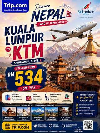 🇳🇵 Fly to Kathmandu from only RM534 with SriLankan Airlines! ✈️
Dreaming of seeing the Himalayas, ancient temples, and breathtaking mountain scenery? Now is the perfect time to visit Kathmandu, Nepal with fares starting from just RM534 one way on selected travel dates.
✈️ Flight Details
📍 Route: Kuala Lumpur (KUL) → Kathmandu (KTM) 🛫 Airline: SriLankan Airlines 💰 Starting from: RM534 (One Way) 🎒 Cabin baggage included 🍽️ Complimentary meals on board 🧳 Checked baggage allowance included (depending on fare) 📲 Book easily with Trip.com
🏔️ Why Visit Kathmandu?
✨ Explore the UNESCO-listed Kathmandu Durbar Square. 🛕 Visit the famous Swayambhunath (Monkey Temple) and Boudhanath Stupa. 🌄 Enjoy breathtaking Himalayan mountain views. 🥾 The perfect starting point for trekking adventures like Mardi Himal, Annapurna Base Camp, and Everest Base Camp. ☕ Experience Nepal's unique culture, local cafés, and authentic cuisine.
💡 Travel Tip: Book early to secure the lowest fares, as promotional prices are limited and may change depending on travel dates.
Save this deal for your next adventure and tag your travel partner! 🏔️✈️
#travel2026 #travel #nepal #kathmandu #cheapflightdeals #srilanka #exploresgtogether 
