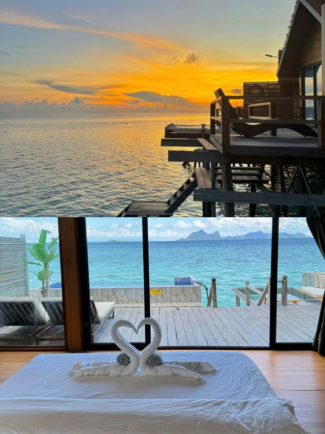 仙本那果凍海水屋，躺在床上都能看到海