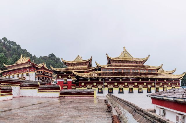 在冰雨中的甘南碌曲郎木寺