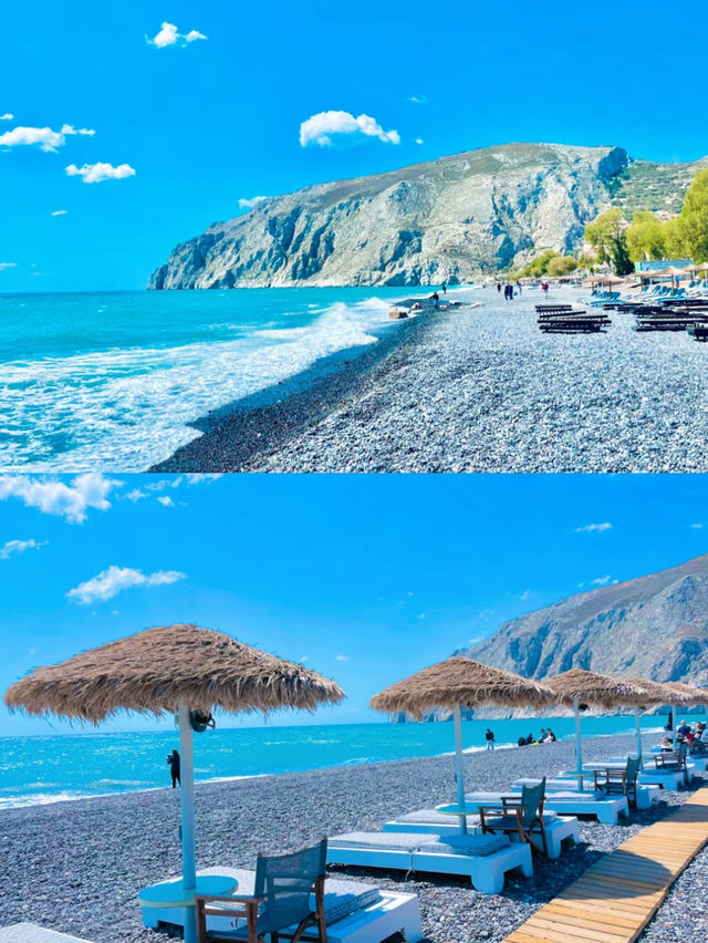 【サントリーニ島🇬🇷】のんびりバカンスに最高！絶景カマリビーチ🏖