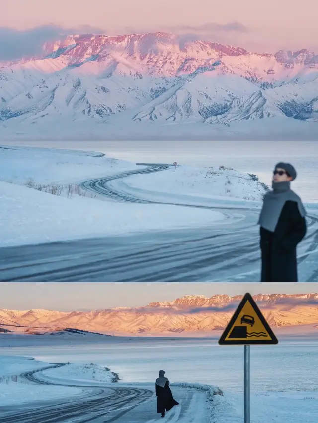 The first snow scene a southerner sees is the pink sunrise of Sayram Lake