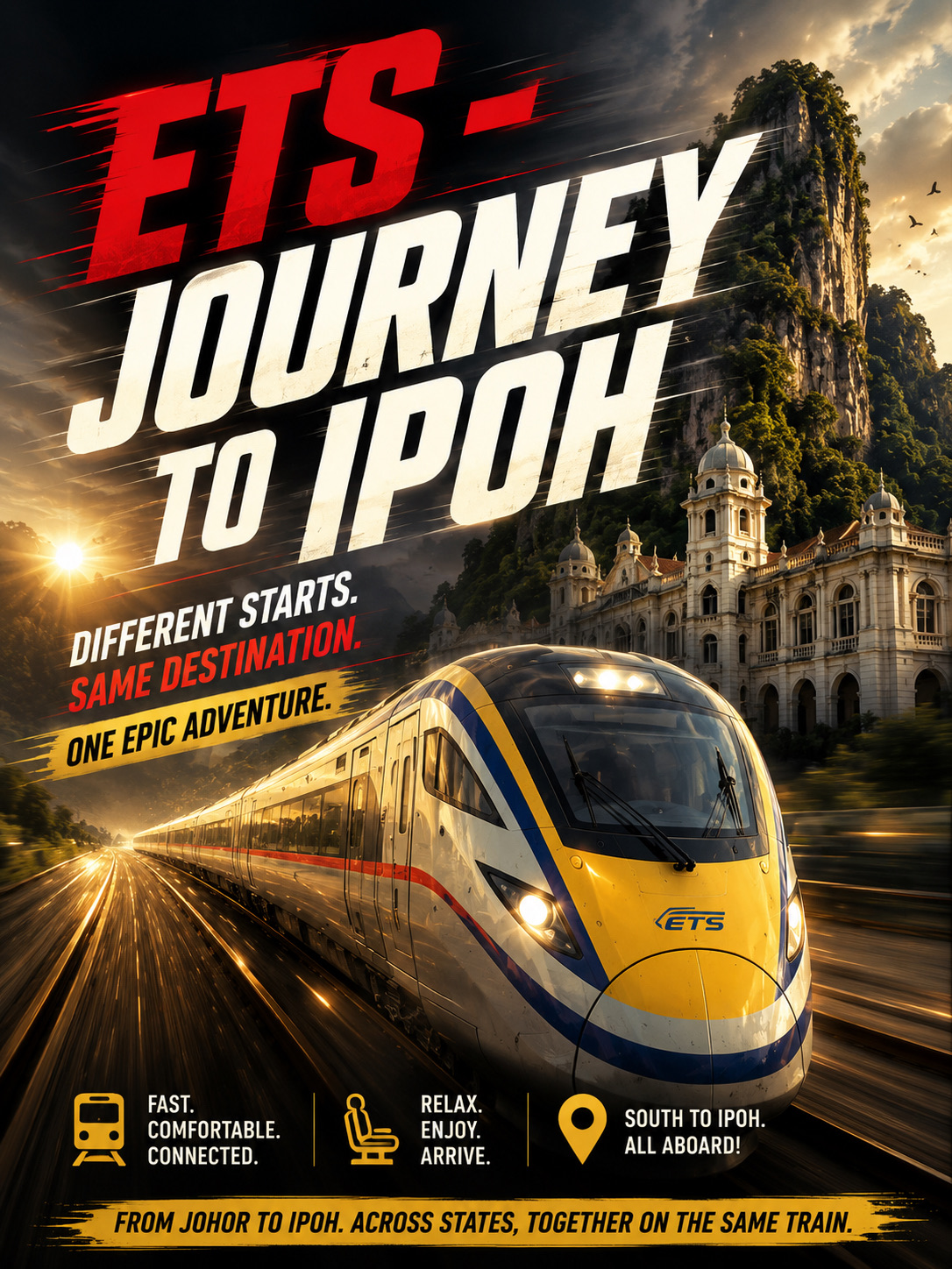 Beda Stasiun. Satu Kereta. Satu Petualangan Epik di Ipoh.

Pernah mencoba mengatur perjalanan dengan teman-teman lalu tersadar kalau semua orang tinggal di negara bagian yang berbeda?

Satu teman di Johor Bahru. Yang lain di Kluang. Ada juga yang di Seremban. Geng KL pun mau ikutan bergabung.

Tiba-tiba, merencanakan transportasi jadi lebih sulit daripada merencanakan liburannya sendiri.

Nah, sekarang tidak lagi.

Memperkenalkan cara termudah untuk mengumpulkan skuad perjalananmu dari seluruh Malaysia Selatan — perjalanan ETS ke Ipoh!

Daripada repot koordinasi mobil bareng, cari tiket pesawat, atau berdebat soal titik temu, semua orang cukup naik kereta yang sama dari stasiun terdekat mereka. Satu teman naik di JB Sentral, yang lain bergabung di Segamat, beberapa lagi naik di Seremban dan KL, dan sebelum kamu menyadarinya, seluruh geng sudah berkumpul, meluncur ke utara menuju salah satu kota paling menawan di Malaysia.

Bagian terbaiknya? Liburannya dimulai jauh sebelum kamu sampai.

Tukar cerita sambil minum kopi, nikmati pemandangan yang berganti, abadikan foto-foto petualangan, dan saksikan pemandangan pedesaan berlalu dari kenyamanan kursi kamu. Tanpa kemacetan. Tanpa tol. Tanpa pusing cari parkir. Tidak butuh sopir khusus.

Dan di akhir perjalanan?

Ipoh menanti.

Kota yang terkenal dengan kopi putih legendarisnya, makanan yang menggugah selera, arsitektur kolonial, gua kapur, lorong-lorong tersembunyi, dan pesona yang santai. Apakah kamu sedang berburu nasi ayam yang sempurna, menjelajahi jalanan warisan sejarah, atau sekadar melarikan diri dari kota untuk akhir pekan, Ipoh menyajikan perpaduan sempurna antara budaya, kuliner, dan relaksasi.

Jadi kumpulkan teman-temanmu, pilih stasiun terdekat, dan biarkan kereta yang melakukan sisanya.

Karena petualangan terbaik bukan tentang dari mana kamu memulai.

Tapi tentang siapa yang bergabung bersamamu di sepanjang jalan.

🚆 Satu Kereta.
📍 Banyak Stasiun Keberangkatan.
🍜 Petualangan Kuliner Tanpa Henti.
❤️ Kenangan Tak Terlupakan.

Sampai jumpa di Ipoh.