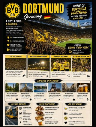 #footballfanculture 
🇩🇪⚽ 🟡⚫ FIFA WORLD CUP 2026 Dortmund Football Fan Culture – Feel the Passion of Germany's Yellow Wall! 🇩🇪🏟️

If you're looking for one of the greatest football atmospheres in the world, Dortmund is the place to be. Home to Borussia Dortmund and the legendary Signal Iduna Park, the city is famous for its loyal supporters, unforgettable match-day experience, and the iconic Yellow Wall (Südtribüne)—the largest standing supporters' section in European football.

Every match is more than just a game—it's a celebration of passion, tradition, and unity.

🌟 Why Football Fans Love Dortmund

🟡 Home of Borussia Dortmund
🏟️ Signal Iduna Park – Germany's largest football stadium
🎉 The world-famous Yellow Wall with over 25,000 passionate supporters
🎶 Chants, flags, scarves, and an electric pre-match atmosphere
🌍 Welcoming football culture for fans from around the world
📸 One of Europe's best football experiences

🏟️ Football Highlights

🏟️ Signal Iduna Park Stadium Tour
🟡 Yellow Wall (Südtribüne)
🏆 Borussia Dortmund Museum (Borusseum)
🛍️ Official BVB Fan World Store
🍻 Match-day fan zones and sports pubs

📍 Top Attractions

🌳 Westfalenpark
🗼 Florian Tower
🎨 Dortmund U-Tower
🏛️ German Football Museum
🌊 Phoenix See Lake
🛍️ Westenhellweg Shopping Street
⛪ Reinoldikirche Church

🍽️ Must-Try Food

🌭 Currywurst
🥨 Fresh German Pretzels
🥩 Schnitzel
🌭 Bratwurst
🥔 Potato Pancakes (Reibekuchen)
🍎 Apple Strudel

✈️ How to Reach

🛫 By Air: Dortmund Airport (DTM) serves many European destinations, while Düsseldorf Airport offers additional international connections.

🚄 By Train: Dortmund Hauptbahnhof is well connected by Germany's high-speed ICE rail network.

🚇 Getting Around: U-Bahn, S-Bahn, buses, regional trains, taxis, and bicycles provide fast and convenient transportation.

📅 Best Time to Visit

🌸 April – June – Pleasant weather and outdoor attractions.

⚽ August – May – Bundesliga season for the ultimate football experience.

🎄 December – Christmas markets and festive city atmosphere.

💡 Travel Tips

✅ Book match tickets several weeks in advance.
✅ Arrive early to experience the famous Yellow Wall atmosphere.
✅ Visit the German Football Museum before the match.
✅ Wear black and yellow to join the local supporters.
✅ Use public transport for easy access to Signal Iduna Park.

🔥 From the thunderous chants of the Yellow Wall to unforgettable Bundesliga nights, Dortmund is one of the world's greatest football destinations. Every supporter should experience this incredible atmosphere at least once.

 One Yellow Wall. Pure Football Passion! 🟡⚫🇩🇪

#dortmund  #borussiadortmund  #signalidunapark  #yellowwall  #bundesliga  #footballfans  #footballculture  #visitgermany  #sportstravel  #footballnight  #travelgermany  #surmaiduniya #travel2026 