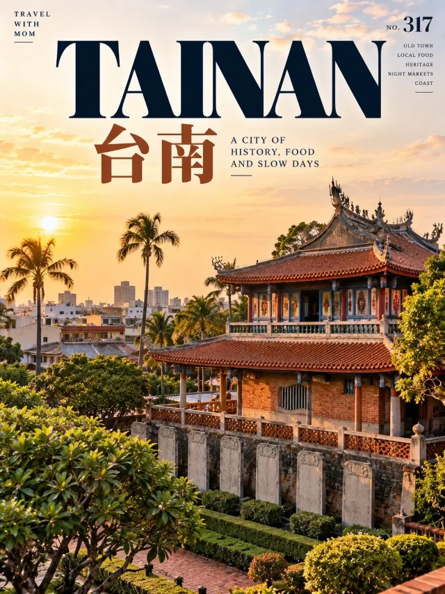 台南傍晚的古蹟與椰林剪影,夕陽下的台南市區天際線