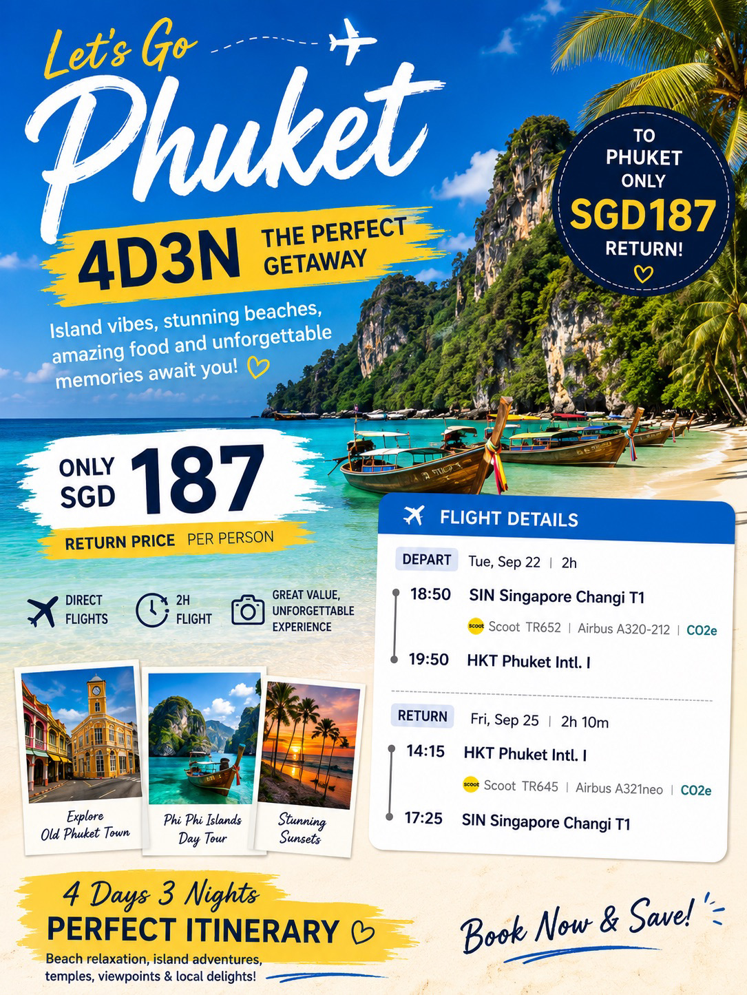 🇹🇭 First Time in Phuket? Save This 4D3N
 Route ✈️🌊

DAY 1 — OLD TOWN & SUNSET

· Arrive in Phuket & check in
· Explore Old Phuket Town
· Discover colorful Sino-Portuguese streets
· Café hopping & photo spots
· Enjoy local Thai food
· Catch the sunset by the sea 🌅

DAY 2 — PHI PHI ISLANDS 🏝️

· Speedboat to Phi Phi Islands
· Visit Maya Bay
· Explore Phi Phi Leh
· Snorkel in crystal-clear waters
· Discover Viking Cave & limestone cliffs
· Return to Phuket

DAY 3 — BEACH & CHILL 🌊

· Morning at Kata / Karon Beach
· Enjoy the sun & sea
· Beachfront brunch
· Relax with a Thai massage
· Chill at a beach club
· Sunset drinks by the ocean 🍹

DAY 4 — TEMPLES, VIEWPOINTS & GOODBYE

· Visit Wat Chalong Temple
· Explore Rawai & the local market
· Relax at Nai Harn Beach
· Visit Promthep Cape
· Enjoy one last Phuket sunset
· Head to the airport ✈️

✨ PHUKET HIGHLIGHTS

🏝️ Island hopping & snorkeling
🌊 Beautiful beaches
🏛️ Local culture & Old Town
🍜 Authentic Thai food
💆 Relaxing massages
🌅 Incredible sunsets

PHUKET IS CALLING… ARE YOU READY? 💙

 #thailand #thailandtrip #travel2026 #beachlife #familytravel #ilovetravel #phuket #phukettravel #phuketguide #couplestrip 