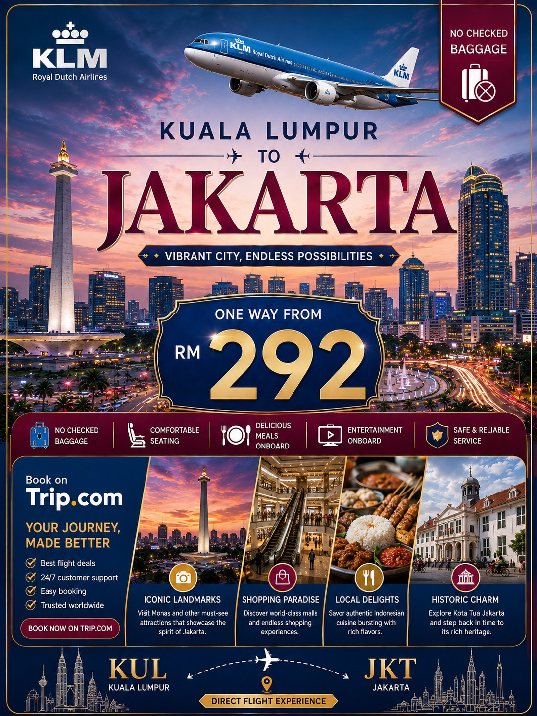 🇮🇩 JAKARTA GETAWAY — FROM RM292 ✈️

🌆 Kuala Lumpur → Jakarta | ONE WAY

🔥 FROM RM292 ONE WAY! 🔥

Ready for an exciting escape to Indonesia? ✈️ Travel from Kuala Lumpur to Jakarta with KLM Royal Dutch Airlines, with fares starting from only RM292 ONE WAY and NO CHECKED BAGGAGE included. Whether you are planning a quick city getaway, a food adventure, a shopping trip, or a cultural escape, Jakarta is an exciting destination filled with unforgettable experiences.

Jakarta is where modern city life meets rich Indonesian culture and history. Discover the iconic National Monument (Monas), explore the charming streets of Kota Tua, admire beautiful architecture, enjoy world-class shopping malls, and experience the vibrant atmosphere of Indonesia’s bustling capital. From stunning city views and historic landmarks to lively streets and relaxing attractions, there is always something new to discover.

✨ TRIP HIGHLIGHTS

✈️ KLM Royal Dutch Airlines
🇲🇾 Kuala Lumpur → Jakarta 🇮🇩
💰 From RM292 ONE WAY
🧳 NO CHECKED BAGGAGE
🏙️ Explore Jakarta’s iconic landmarks
🍜 Taste authentic Indonesian cuisine
🛍️ Enjoy shopping & vibrant city life
📸 Discover culture, history & beautiful sights

🍽️ DON’T MISS JAKARTA’S LOCAL FOOD!

Your Jakarta adventure would not be complete without trying local favourites such as Nasi Uduk, Sate Ayam, Gado-Gado, Soto Betawi, Kerak Telor, Bakso, Martabak Manis and Es Campur. From savoury street food to delicious traditional desserts, Jakarta offers incredible flavours around every corner.

✨ WHY VISIT JAKARTA?

🏛️ Discover iconic landmarks & historic sites
📸 Capture unforgettable city views
🍜 Experience authentic Indonesian flavours
🛍️ Shop at modern malls & local markets
🌆 Enjoy Jakarta’s vibrant nightlife
🌿 Escape into relaxing city attractions
❤️ Experience the warmth of Indonesian culture
✈️ Create unforgettable memories from Kuala Lumpur to Jakarta

From the moment you leave Kuala Lumpur, your journey becomes part of the adventure. Fly with KLM Royal Dutch Airlines and discover a city where history, culture, food, shopping and modern living come together in one unforgettable destination. 🇲🇾✈️🇮🇩

🔥 Pack your bags and get ready to explore Jakarta!

🇲🇾 Kuala Lumpur → Jakarta 🇮🇩
👑 Fly with KLM Royal Dutch Airlines
💰 From RM292 ONE WAY
🧳 NO CHECKED BAGGAGE

🌴 Jakarta is calling — discover the city, taste the flavours, explore the culture and make your next getaway unforgettable! ✈️❤️ #travel #travel2026 #tripcom #indonesia #kualalumpur #thingstodo #jakarta 