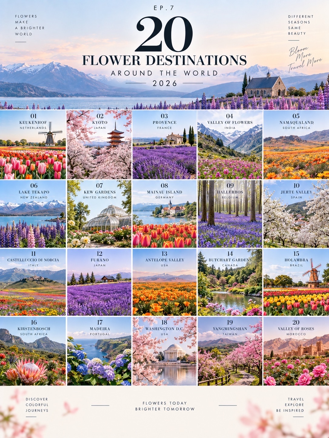 🌸 20 จุดชมดอกไม้สวยทั่วโลก 2026

เปลี่ยนการเที่ยวธรรมดาให้กลายเป็นทริปสีสัน 🌷
รวมทั้ง Sakura, Tulip, Lavender, Wildflowers และทุ่งดอกไม้ตามธรรมชาติจากหลายทวีป

🇳🇱 01 Keukenhof | Netherlands
🌷 Tulips • Daffodils • Hyacinths
สวนดอกไม้ชื่อดังใกล้ Amsterdam
📅 โดยทั่วไป: กลาง มี.ค.–กลาง พ.ค.

🇯🇵 02 Kyoto | Japan
🌸 Cherry Blossoms • Hanami
เมืองเก่ากับซากุระในบรรยากาศญี่ปุ่น
📅 โดยทั่วไป: ปลาย มี.ค.–ต้น เม.ย.

🇫🇷 03 Provence | France
💜 Lavender Fields
ทุ่งลาเวนเดอร์สีม่วงท่ามกลางหมู่บ้านชนบท
📅 โดยทั่วไป: มิ.ย.–ก.ค.

🇮🇳 04 Valley of Flowers | India
🌺 Wildflowers • Himalayas
หุบเขาบนเทือกเขาหิมาลัยที่เปลี่ยนสีตามฤดูกาล
📅 โดยทั่วไป: มิ.ย.–ก.ย.

🇿🇦 05 Namaqualand | South Africa
🌼 Wildflower Super Bloom
ภูมิประเทศแห้งแล้งที่กลายเป็นพรมดอกไม้
📅 โดยทั่วไป: ส.ค.–ก.ย.

🇳🇿 06 Lake Tekapo | New Zealand
💜 Lupins • Southern Alps • Lake
ดอก Lupin ริมทะเลสาบกับวิวภูเขา
📅 โดยทั่วไป: พ.ย.–ม.ค.

🇬🇧 07 Kew Gardens | London, UK
🌹 Roses • Seasonal Flowers • Botanical Gardens
สวนพฤกษศาสตร์ขนาดใหญ่ใจกลาง London

🇩🇪 08 Mainau Island | Germany
🌷 Tulips • Roses • Gardens
เกาะสวนดอกไม้กลางทะเลสาบ Constance

🇧🇪 09 Hallerbos | Belgium
💜 Bluebells
ป่าที่พื้นป่ากลายเป็นสีม่วงในช่วงฤดูใบไม้ผลิ
📅 โดยทั่วไป: เม.ย.

🇪🇸 10 Jerte Valley | Spain
🌸 Cherry Blossoms
หุบเขาที่มีต้นเชอร์รีจำนวนมากพร้อมกันทั้งพื้นที่
📅 โดยทั่วไป: ปลาย มี.ค.–ต้น เม.ย.

🇮🇹 11 Castelluccio di Norcia | Italy
🌼 Wildflowers • Mountain Plateau
ทุ่งดอกไม้บนที่ราบสูงท่ามกลางเทือกเขา Apennines
📅 โดยทั่วไป: มิ.ย.–ก.ค.

🇯🇵 12 Furano | Hokkaido, Japan
💜 Lavender Fields
ทุ่งลาเวนเดอร์กว้างกับวิวภูเขา Hokkaido
📅 โดยทั่วไป: มิ.ย.–ก.ค.

🇺🇸 13 Antelope Valley | California, USA
🧡 California Poppies
ทุ่ง Poppy สีส้มที่เกิดขึ้นตามสภาพฝนของแต่ละปี
📅 โดยทั่วไป: ก.พ.–พ.ค.

🇨🇦 14 Butchart Gardens | Canada
🌷 Roses • Tulips • Seasonal Gardens
สวนขนาดใหญ่ใกล้ Victoria, British Columbia

🇧🇷 15 Holambra | Brazil
🌷 Flowers • Dutch-Inspired Town
เมืองที่มีชื่อเสียงด้านการปลูกดอกไม้และเทศกาลดอกไม้

🇿🇦 16 Kirstenbosch | Cape Town, South Africa
🌺 Protea • Botanical Garden
สวนพฤกษศาสตร์ท่ามกลางภูเขา Table Mountain

🇵🇹 17 Madeira | Portugal
🌺 Hydrangeas • Tropical Flowers
เกาะภูเขาไฟที่มีพืชพรรณหลากหลายตลอดปี

🇺🇸 18 Washington, D.C. | USA
🌸 Cherry Blossoms
แนวซากุระรอบ Tidal Basin
📅 โดยทั่วไป: มี.ค.–ต้น เม.ย.

🇲🇦 20 Valley of Roses | Morocco
🌹 Roses • Atlas Mountains
หุบเขากุหลาบบริเวณเชิงเทือกเขา Atlas
📅 โดยทั่วไป: เม.ย.–พ.ค.

🌸 เลือกตามดอกไม้ที่อยากเห็น

🌷 Tulip → Keukenhof • Mainau • Holambra
🌸 Cherry Blossom → Kyoto • Jerte Valley • Washington D.C.
💜 Lavender → Provence • Furano
🌼 Wildflowers → Namaqualand • Valley of Flowers • Castelluccio
🌹 Rose → Valley of Roses • Kew Gardens
🌺 Tropical / Botanical → Madeira • Kirstenbosch • Butchart Gardens

📌 Travel Note 2026
ช่วงดอกไม้บานเป็นเรื่องที่ต้องเผื่อความคลาดเคลื่อน เพราะอุณหภูมิ ฝน และสภาพอากาศมีผลโดยตรง โดยเฉพาะ Sakura และ Wildflowers ซึ่งช่วงพีคอาจเลื่อนหรือสั้นลงได้ ควรเช็กสถานะการบานใกล้วันเดินทางอีกครั้ง 🌿

#flowertravel #travel2026 #เที่ยวชมดอกไม้ #worldtravel
