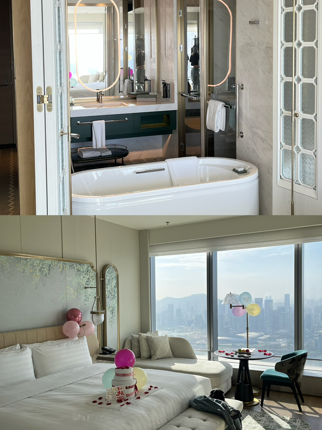 Shangri-La Hotel, Shenzhen Nanshan Stay
✨ First Impressions

Located in the heart of Nanshan District, the Shangri-La Hotel in Nanshan boasts an incredibly convenient location, directly connected to the RAIL IN shopping mall. The hotel is designed with the concept of "birds returning to their nests," blending Southeast Asian and Lingnan styles. From the moment you step in, you can feel the sophisticated ambiance.

The highlight is that the lobby and main guest rooms are situated between the 66th and 78th floors, offering a breathtaking view of Shenzhen Bay even before you enter your room!

🛌 Room Review

This time, I stayed in a Horizon Club Deluxe King Room, which is a spacious 43 square meters:

· Unbeatable Views: The room features large floor-to-ceiling windows, and some room types offer views of Shenzhen Bay and the cityscape. However, a heads-up: some rooms face construction sites, so make sure to request a "Bay View Room" when booking.
· Fully Equipped: Surprisingly, there's a Dyson hairdryer, and the bathroom is designed with separate wet and dry areas. Charging cables are conveniently placed on both sides of the bed—very thoughtful! The mini bar offers a variety of drinks, and there's even a coffee machine. 😋😋😋
· Comfortable Sleep: The bed is just the right firmness, but the pillow wasn't quite to my liking, so my neck felt a bit stiff after sleeping.

🍽️ Dining Options

The hotel features four restaurants and bars, offering plenty of choices:

· 66 All-Day Dining Restaurant: Located on the 66th floor, the breakfast buffet includes unlimited fresh coconuts and a decent variety of dishes.
· Summer Palace Chinese Restaurant: Specializing in Cantonese and Chaozhou cuisine, the must-try dishes are the Black Gold Fat-Free Pork Knuckle and the Braised Snowflake Beef with Aged Soy Sauce—absolutely delicious!
· Lobby Lounge: A popular spot for photos! Be sure to book a window seat in advance and try their "South Bay Forest" afternoon tea for two. Watching the sunset here is simply amazing!

💪 Facilities and Services

· High-Altitude Pool: The indoor heated pool on the 77th floor is one of the highest pools in Shenzhen. You can swim while enjoying a panoramic view of Shenzhen Bay, and there's even a hot tub for ultimate relaxation! 🤭
· Gym: Also located on the 77th floor, the gym is equipped with modern facilities, and working out with a city view is quite refreshing.

📍 Surrounding Area

· Extremely Convenient Transportation: Direct access to Metro Lines 2, 9, and 11. It's about a 15-minute drive to Shenzhen Bay Port and 35 minutes to the airport.
· Nearby Attractions: Popular spots like Window of the World, OCT Harbour, and Overseas Chinese Town are just a 5-10 minute drive away. At night, you might even catch the fireworks from Window of the World from your room!

Things to Note:

· Some rooms face construction sites, affecting the view.
· Breakfast can get crowded, so you might have to queue.
· Experiences like afternoon tea are on the pricier side, so remember to book in advance.