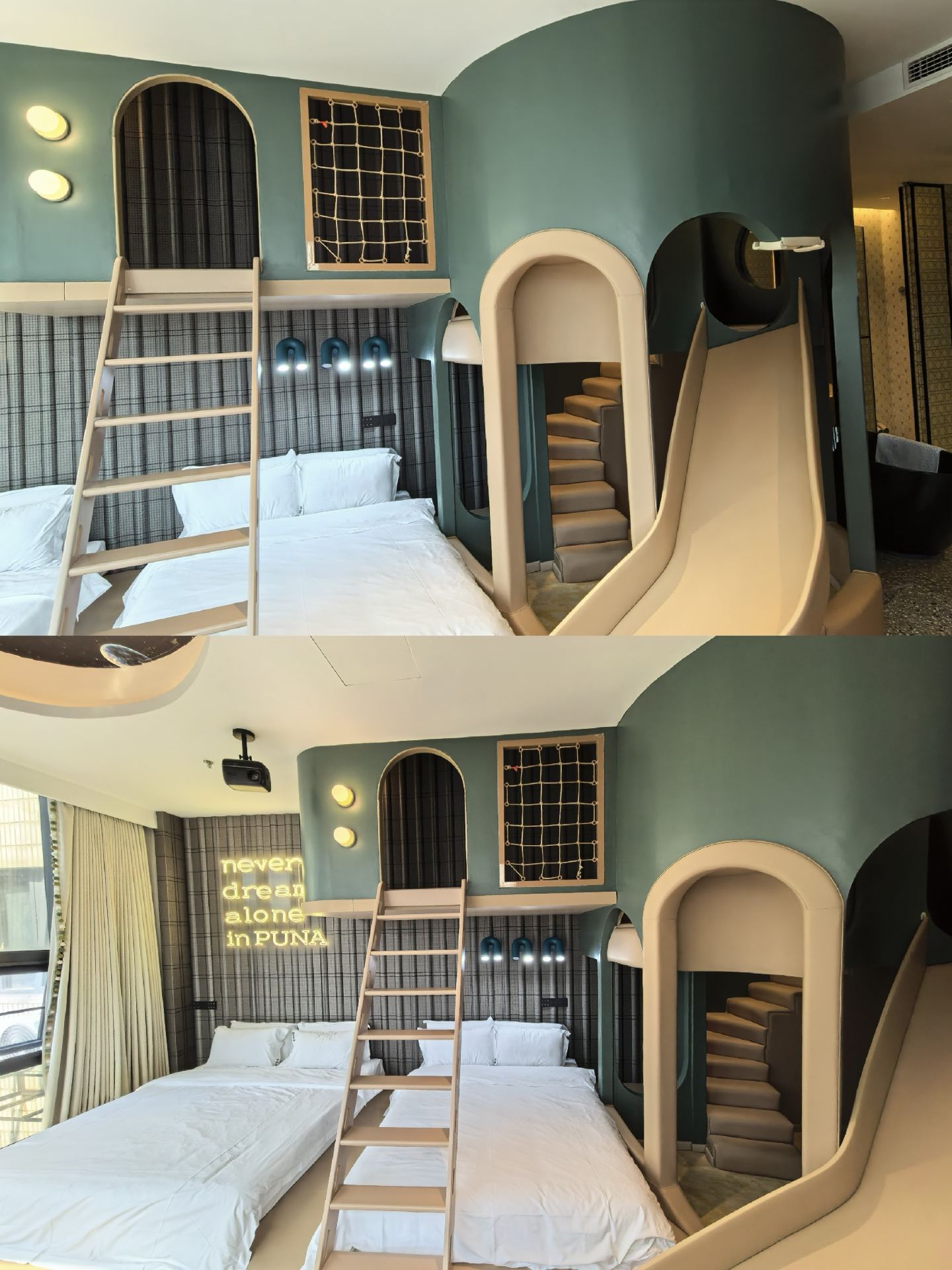  ✨Bring a mini amusement park into your room. No need to go out to entertain the kids—they won't want to leave once they step inside!
The room features a retro dark green theme, creating an immersive indoor castle paradise fully equipped with soft-padded safety slides, step tunnels, attic ladders, and protective net windows. Climb up to the cozy attic space and slide right down. With a safe, soft-padded design, kids can play to their heart's content. Equipped with two large beds, this room offers spacious sleeping arrangements perfect for family trips, families with multiple children, or groups of friends. Neon light strips on the walls create a fantastic atmosphere, and with the included projector, you can turn off the lights at night, lie back, and enjoy a movie for a truly relaxing experience.
🌆270° curved panoramic floor-to-ceiling windows offer high-floor views overlooking the Nanjing cityscape. Natural light fills the room, and a casual tea seating area by the window lets you sit back, relax, and chat after a long day of fun. The circular starry sky ceiling, when turned on at night, makes you feel like you're under a vast expanse of stars, creating an incredible atmosphere.
🛁The bathroom is elegantly appointed with terrazzo flooring, retro gold hardware, and a large, freestanding black bathtub—perfect for a relaxing soak after a day of play. It features a separate wet and dry bathroom area, a smart toilet, and complete shower facilities. The room is equipped with a mini-fridge, electric kettle, drinking water, and toiletries. Thoughtful details like wall hooks and hangers ensure a balance of fun for the kids and practicality for your stay.
🏙Located in the heart of the city center, it's very convenient for visiting major attractions. Balancing comfort for adults with fun for children, this is an excellent choice for family trips to Nanjing.