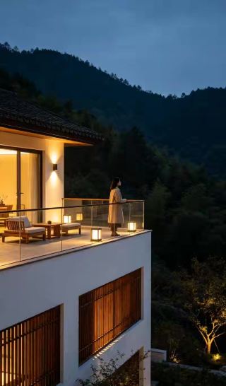 山の景色を眺めるバルコニーでコーヒーを飲みながらぼんやりと