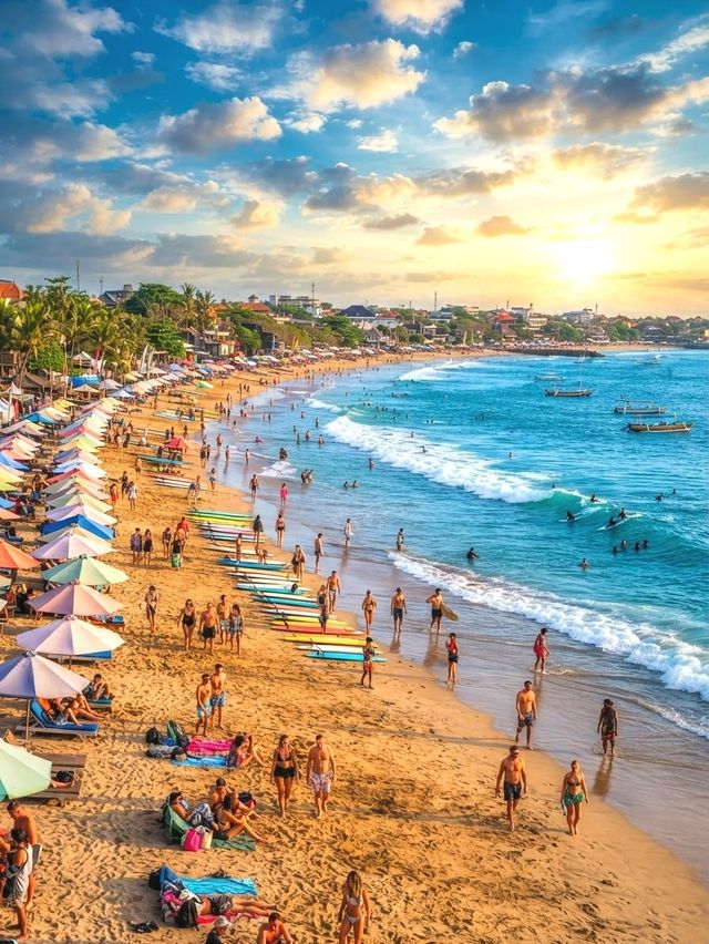 Surfboards and surfers along Kuta Beach, Bali