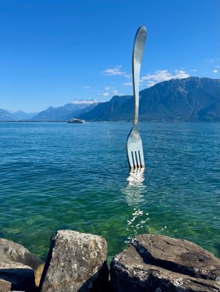 Vevey – A Lakeside Town on Lake Geneva with the Super Iconic Giant Fork Landmark.